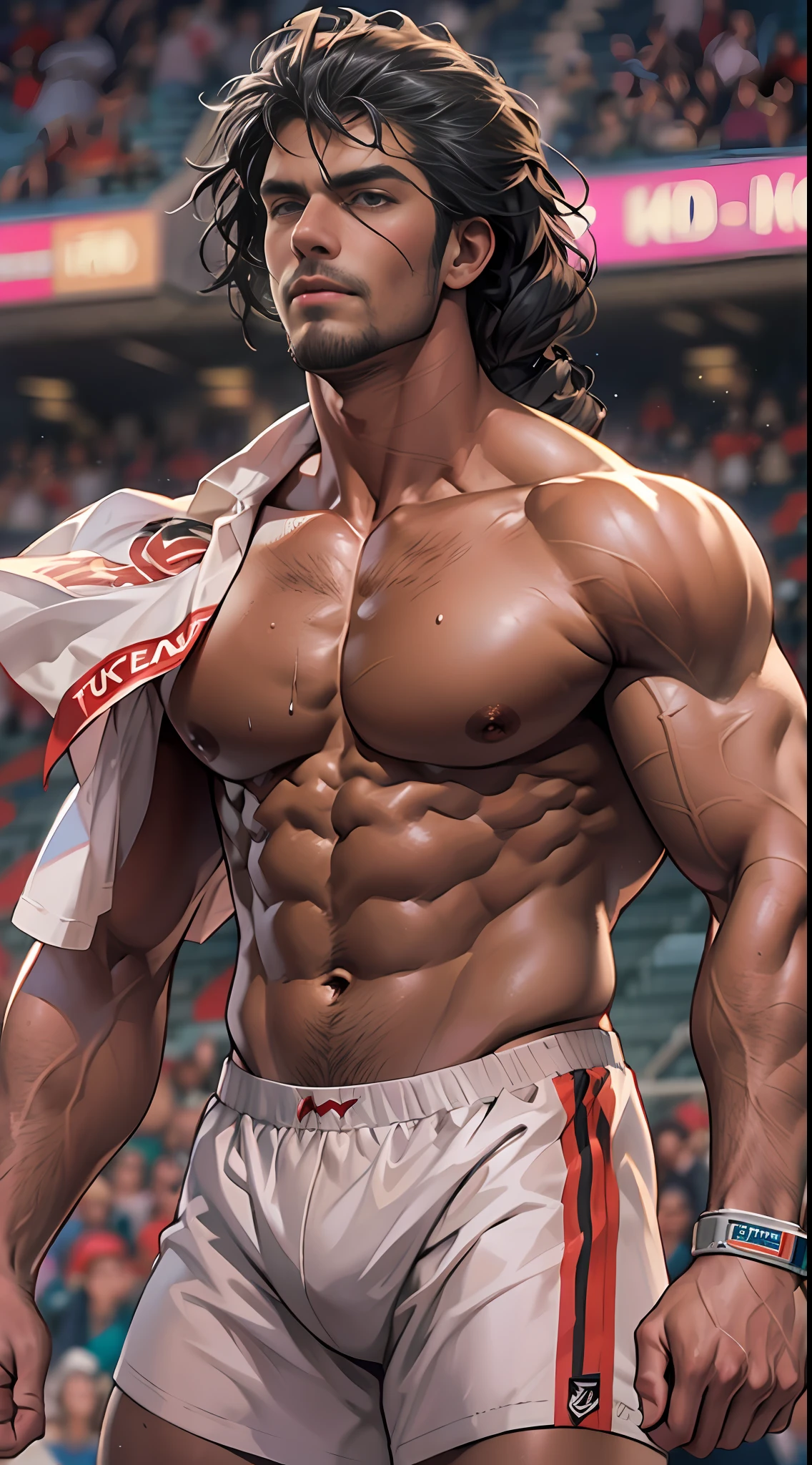 Robust champion man, torso exposed, legs bare from thighs to feet flowing long curls, meticulous muscle definition, lifelike representation, 4K resolution. Background: Stadium filled with cheering spectators,32k uhd, best quality, masterpiece, super detail, high details