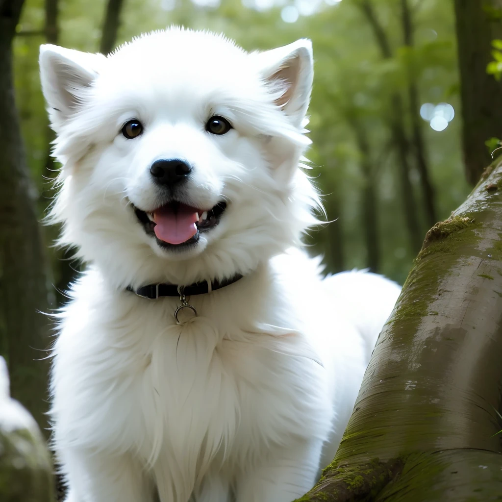 Samoyed,White hair,in woods(bblurry),The eyes have God,Warm and harmonious