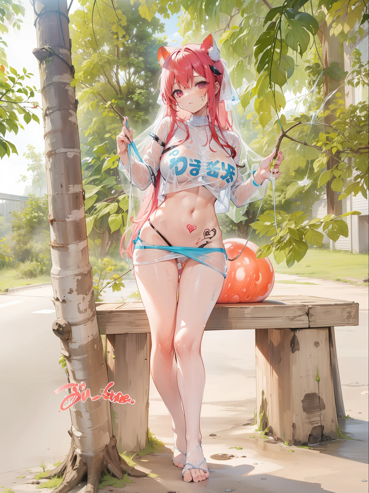Slime, sweat, Wet clothes, Detailed faces, 8k image quality, A lot of milky semen sticks to the shirt, semen flows from the vulva and sticks to the groin, hentai tattoos,Clear hand and foot details