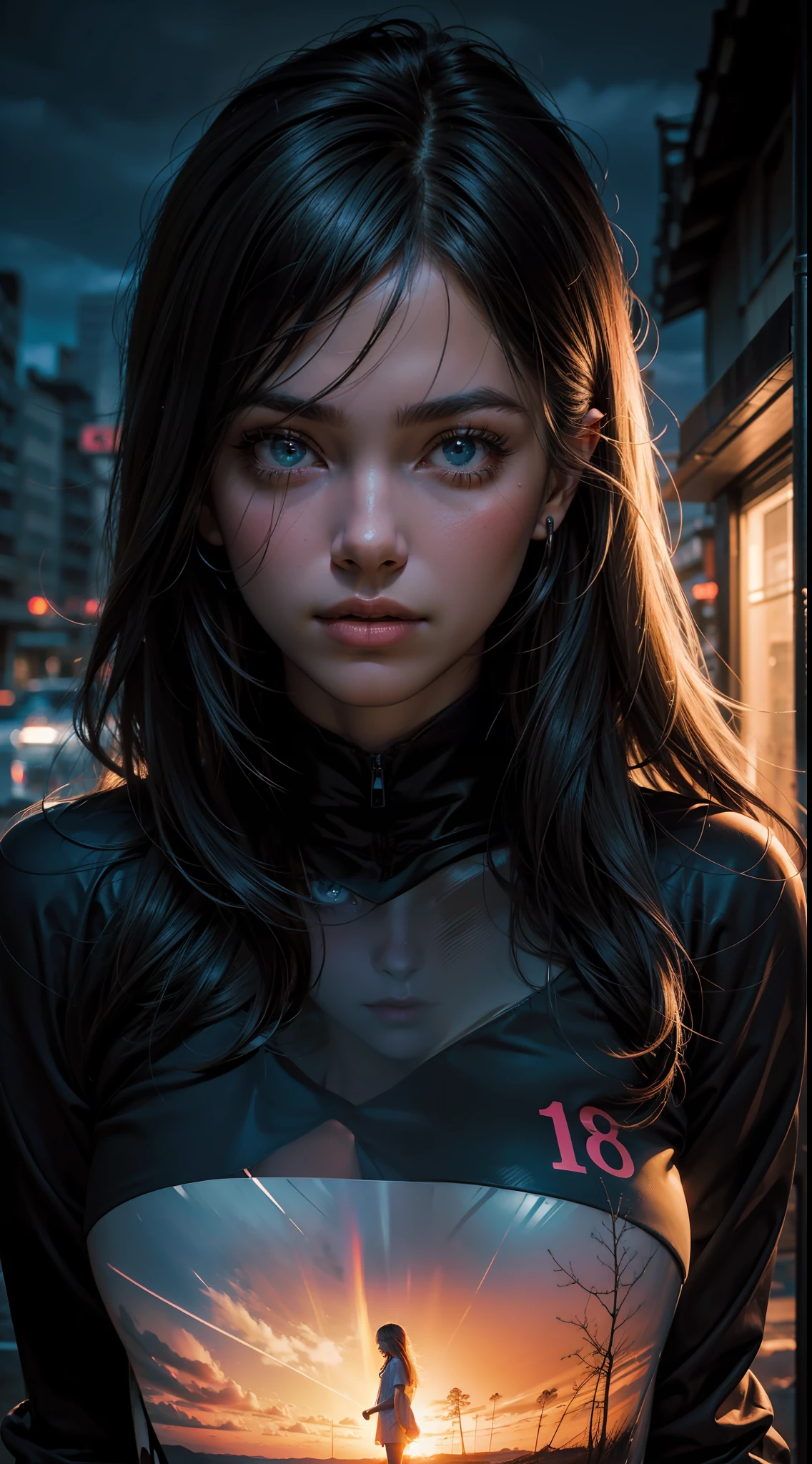 Double exposure of a face of an 18-year-old woman in a landscape at night neon,8k ultra realista
