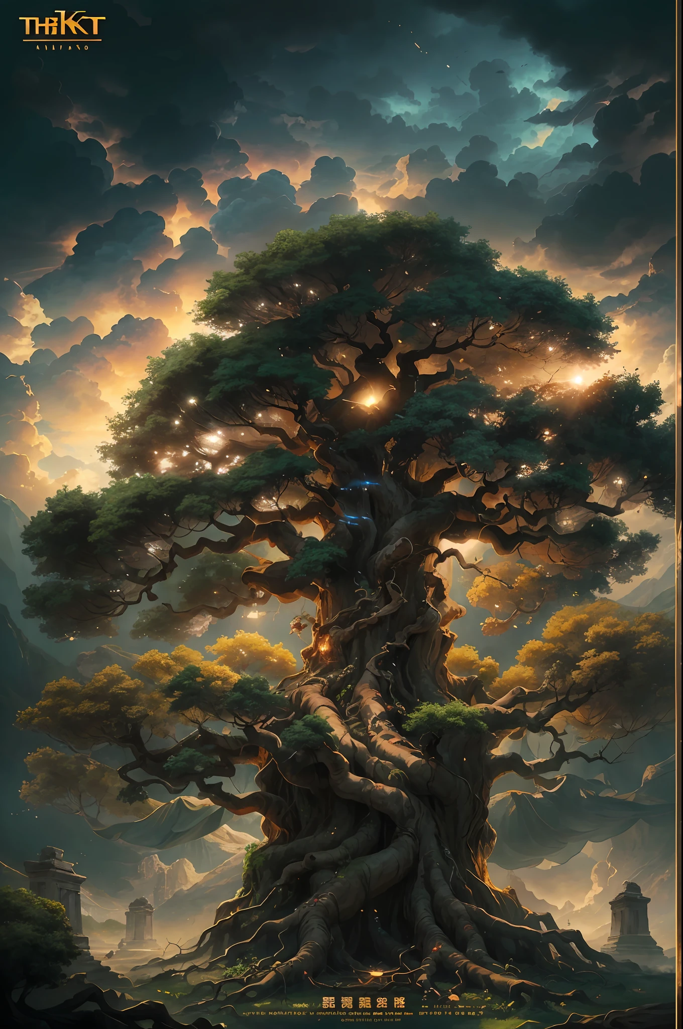 （tmasterpiece、best qualtiy）A huge ancient tree（（The roots of the tree are covered with golden glowing veins））、surrounded by cloud，（illustratio：1.0）、Epic composition、Realistic lighting details、high definition detail、high definition resolution，（非常详细的 CG 统一 8k 壁纸）