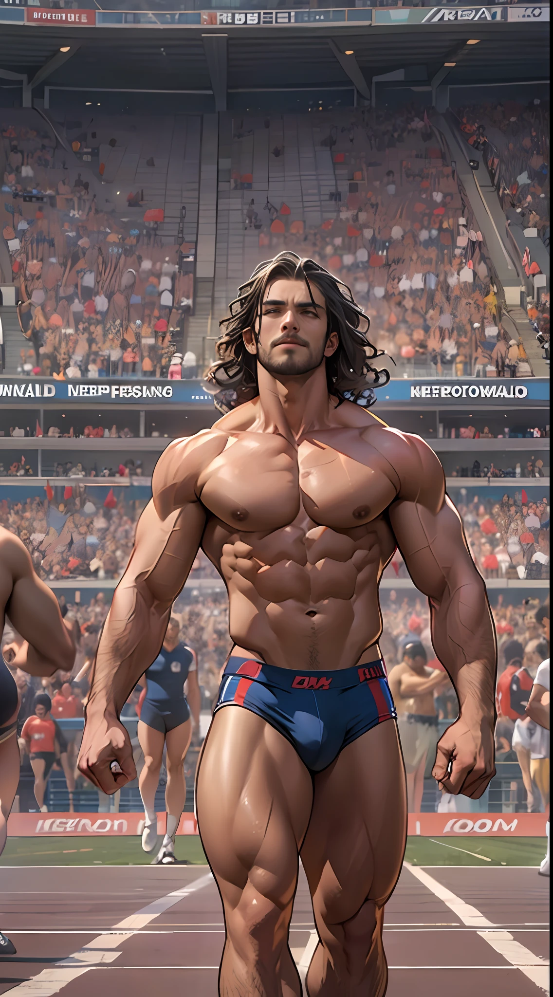 Robust champion man, torso exposed, legs bare from thighs to feet flowing long curls, meticulous muscle definition, lifelike representation, 4K resolution. Background: Stadium filled with cheering spectators,32k uhd, best quality, masterpiece, super detail, high details