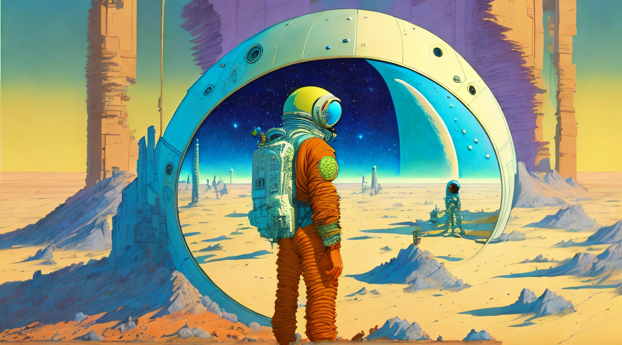 a painting of a Astronauts in Space Suit, investigating strange buildings, alien planet, ringed planet by Moebius Jean Giraud