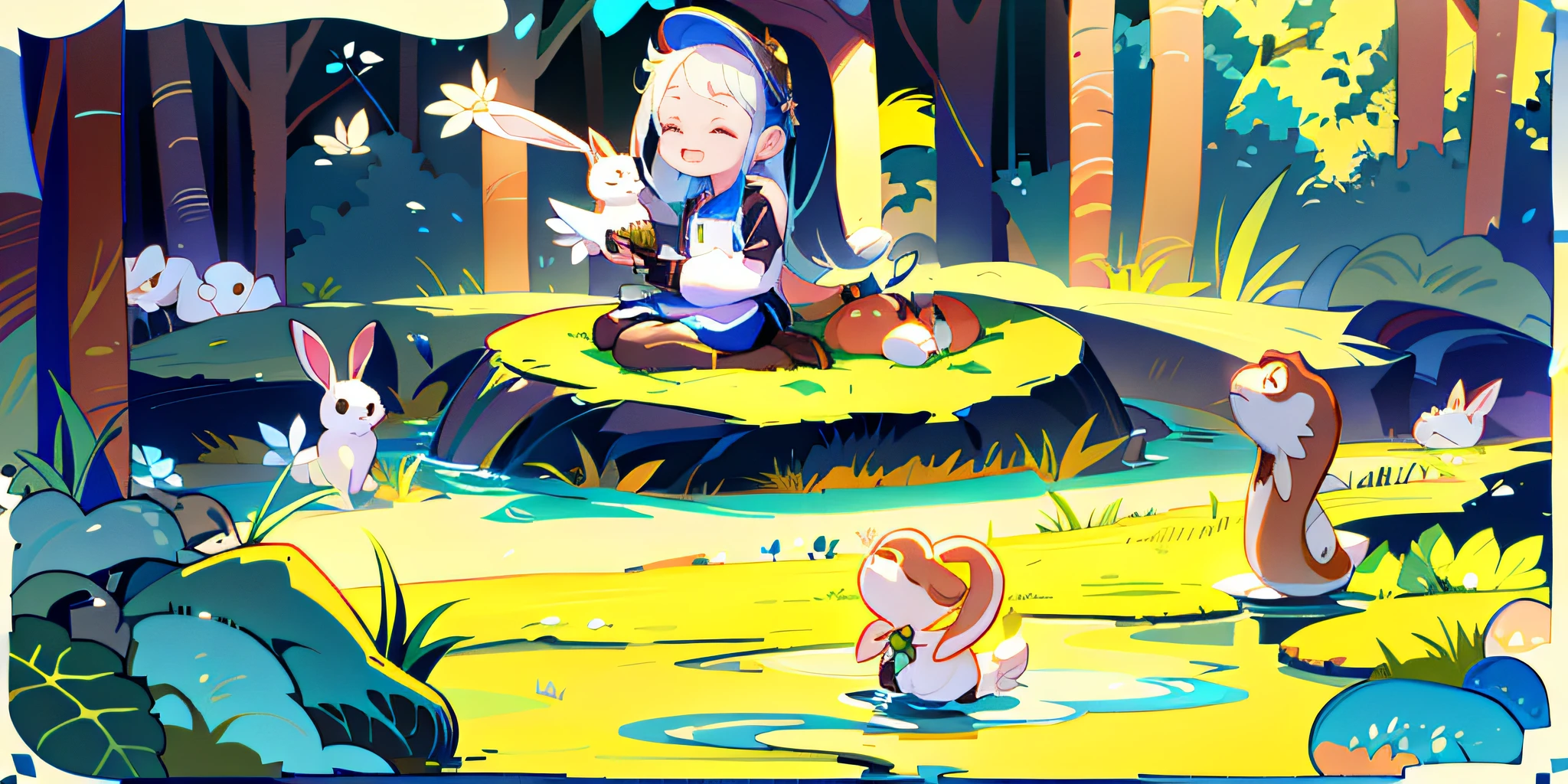 A cute fairy tale illustration,Depicts a girl sitting on a rock,There was a rabbit and two other animals around。2D illustration,Beautiful and delicate digital art style,Perfect for mobile game art or cute storybook illustration。
