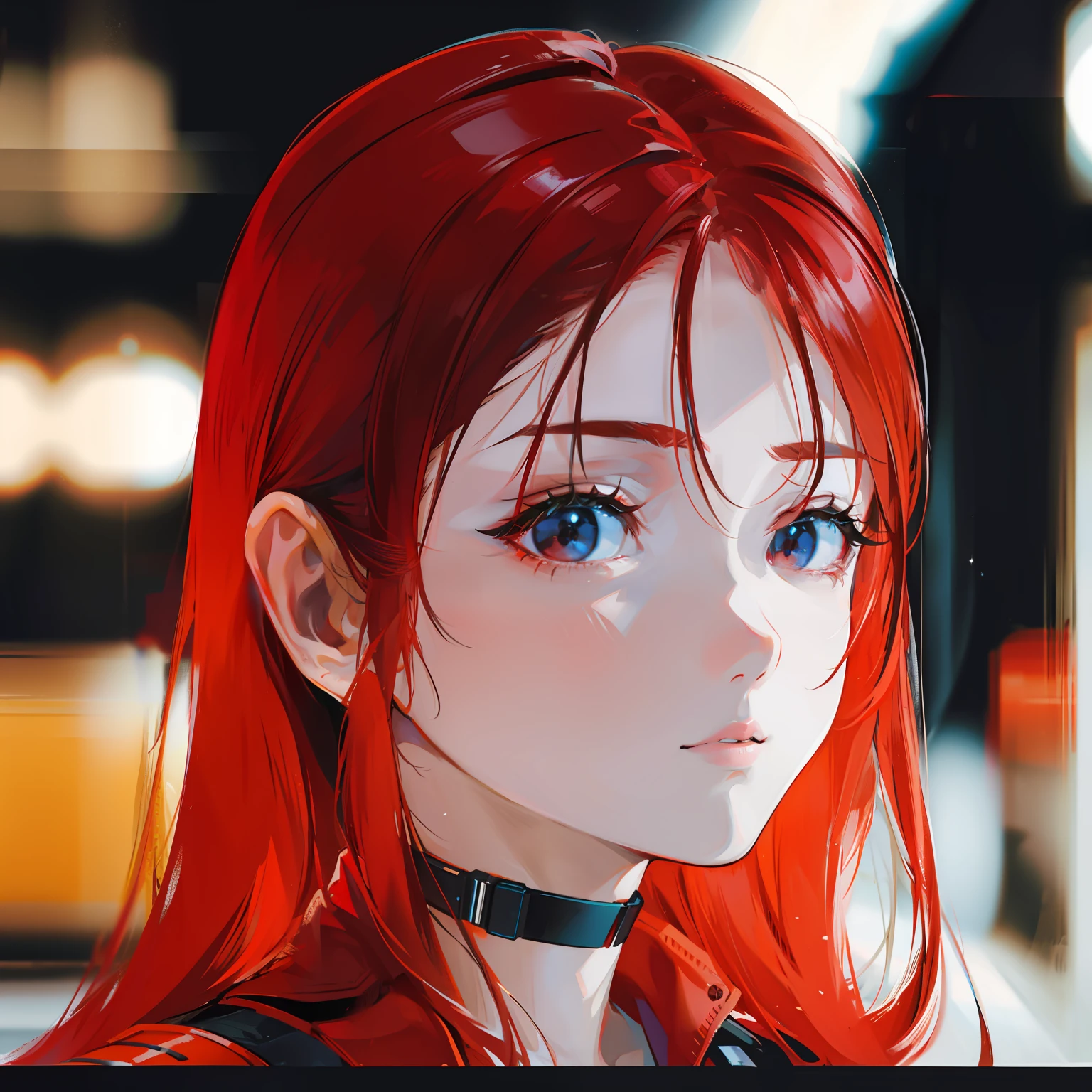 Red-haired man,Single ponytail, neonlight,tthin eyebrows,Cyber national style,future-tech