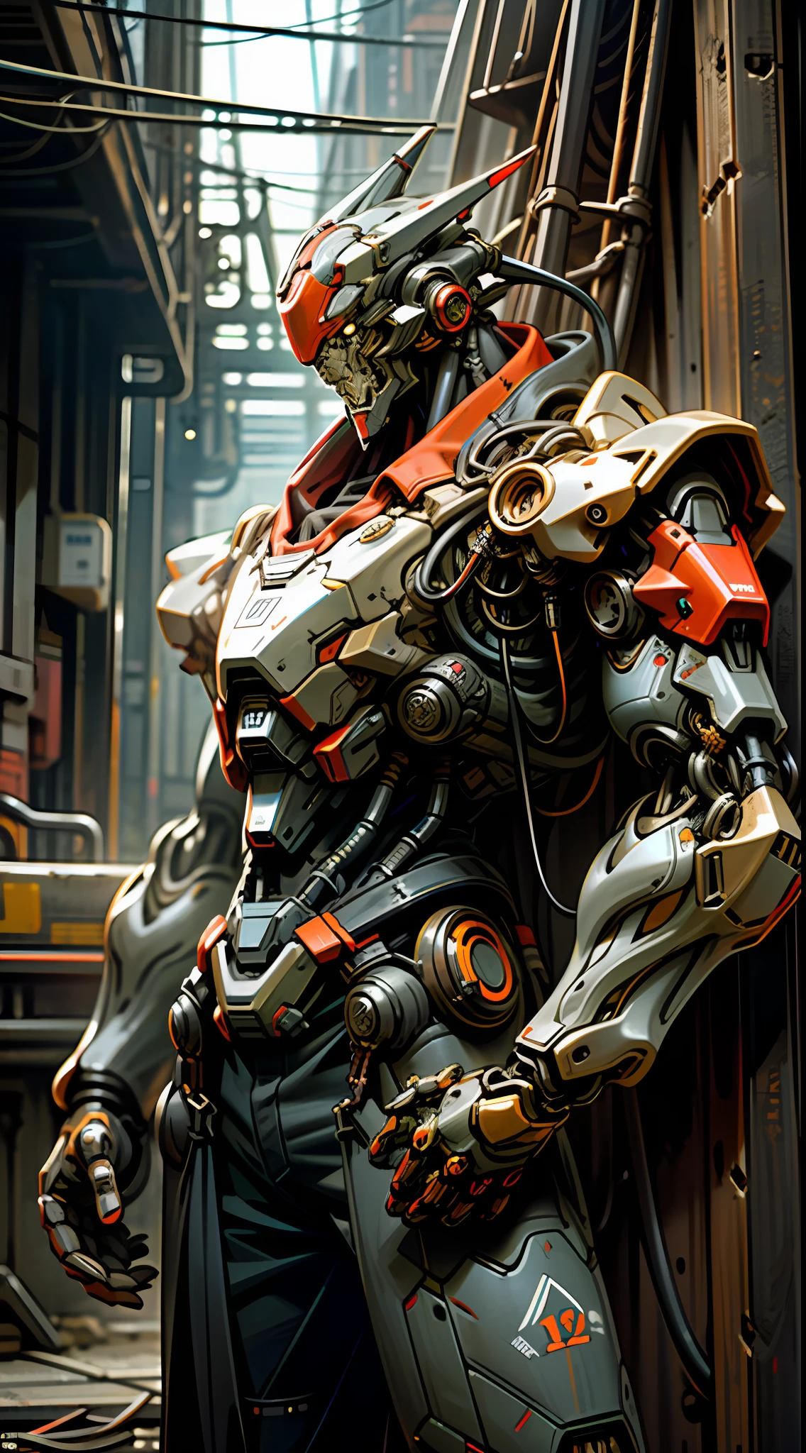 Dark_Fantasy,Cyberpunk,(chain saw,chain saw man,Red:1.1),1man,Mechanical marvel,Robotic presence,Cybernetic guardian, wearing a worn-out mech suit, intricate, (steel metal [rusty]), elegant, clear focus, shot by greg rutkowski, soft lighting, vibrant colors, masterpiece, ((street)), cowboy shot, dynamic pose,
