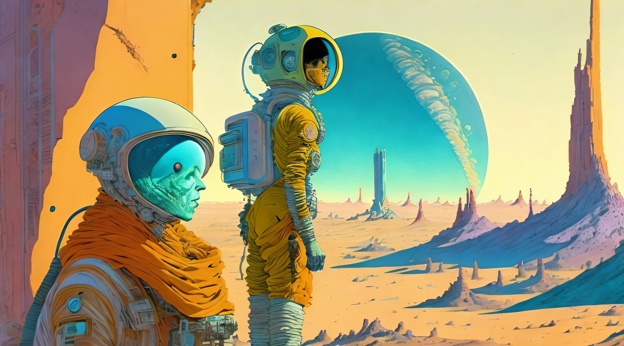 a painting of a Astronauts in Space Suit, investigating strange buildings, alien planet, ringed planet by Moebius Jean Giraud