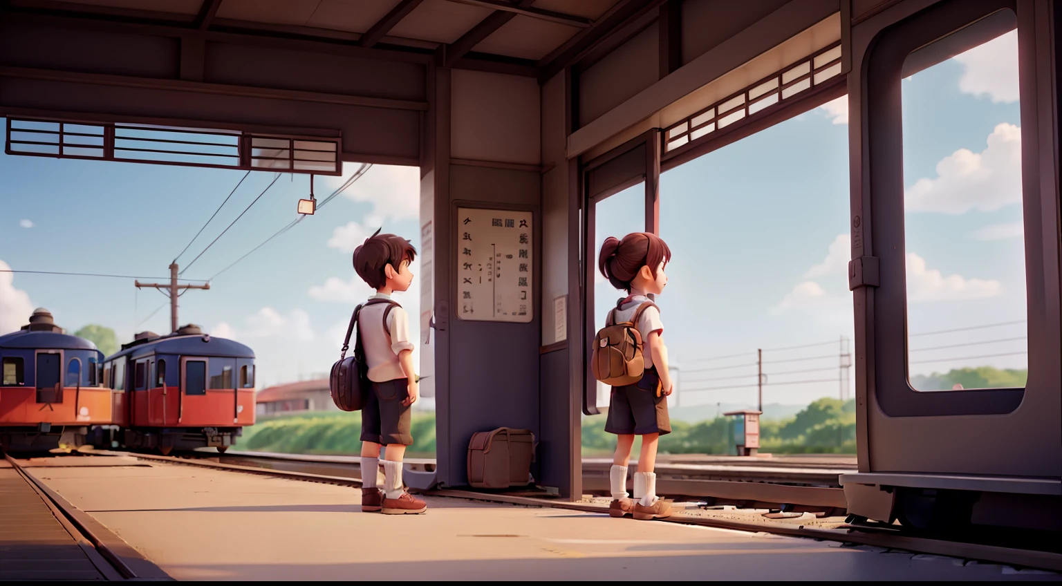 girl and boy, couple, small railway station, waiting, a tramp, japanese, illustration, landscape, afternoon, before sunset, cinematic, sad, farewell, cinematic light,