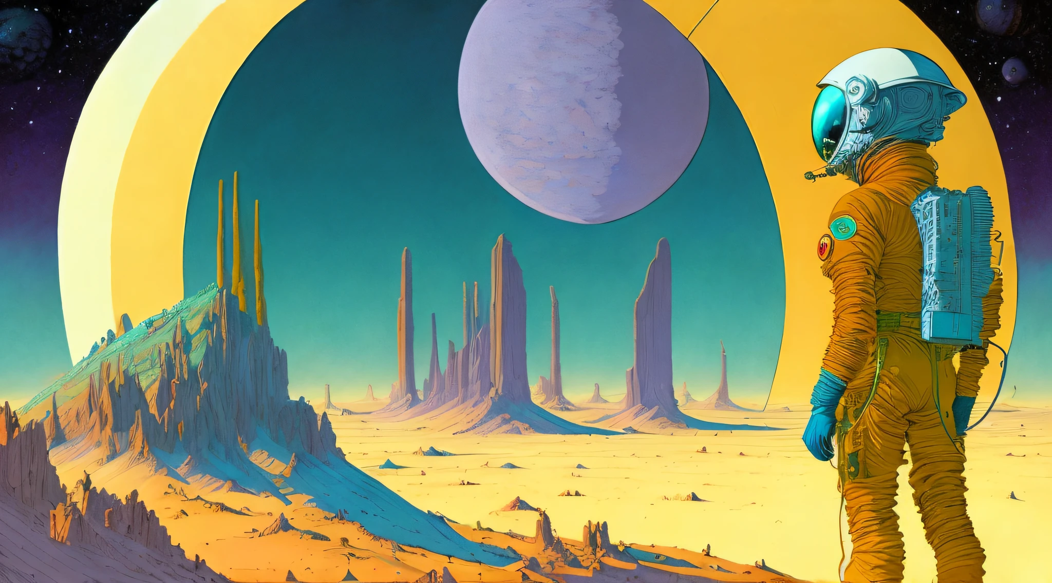 a painting of a Astronauts in Space Suit, investigating strange buildings, alien planet, ringed planet by Moebius Jean Giraud