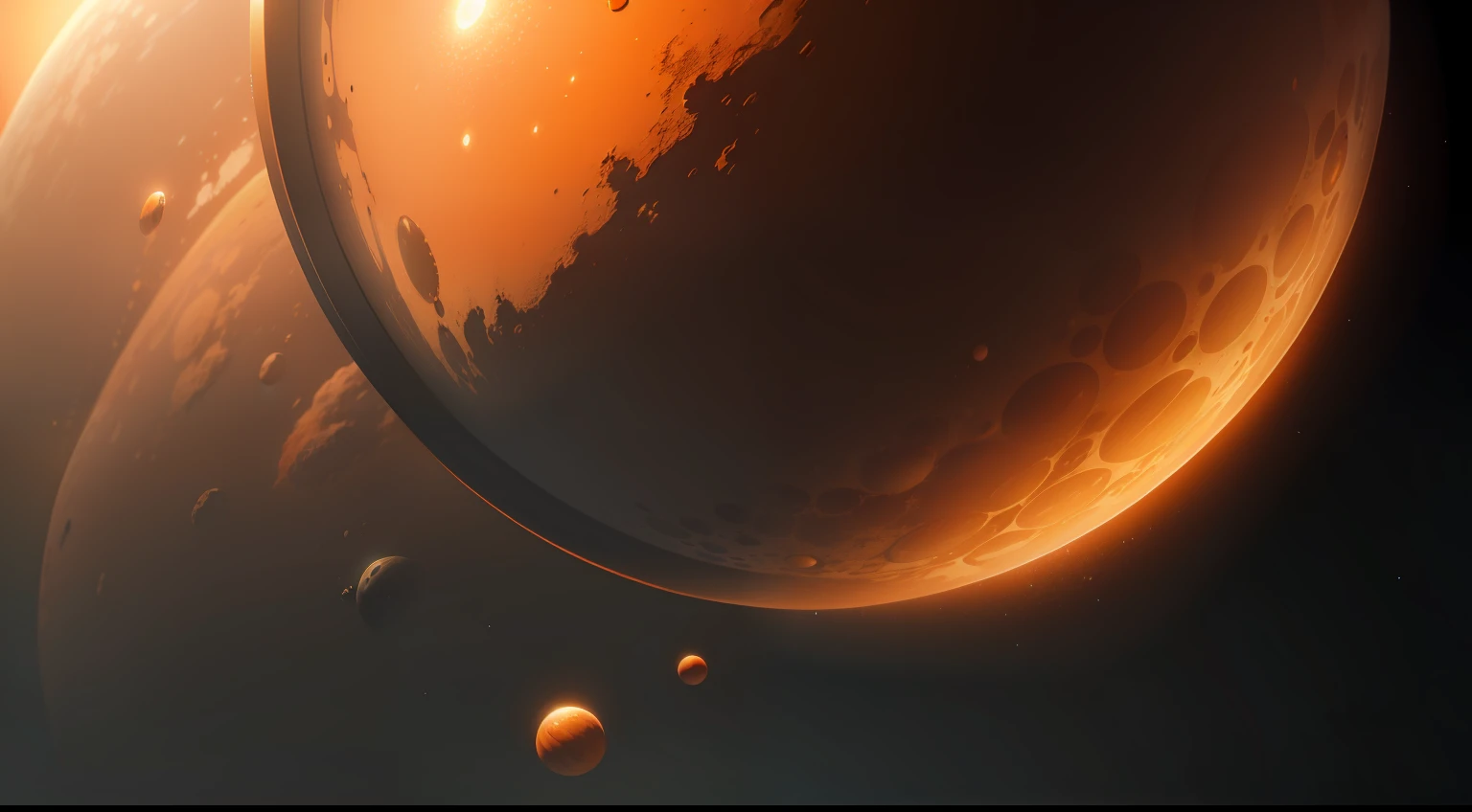 greybackground,Orange radiation,Floating granularity,Golden Planet,airbubble,super detailing,8K rendering