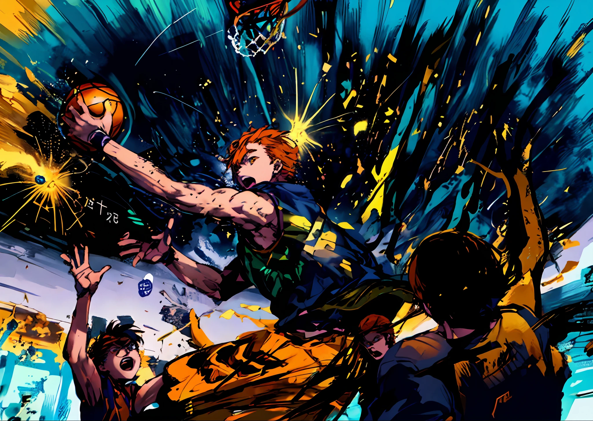a anime of a young boy, orange eyes, orange hair color, open mouth, playing basketball, text bubble speech manga, color manga, manga color, color manga, color manga panel, simple background