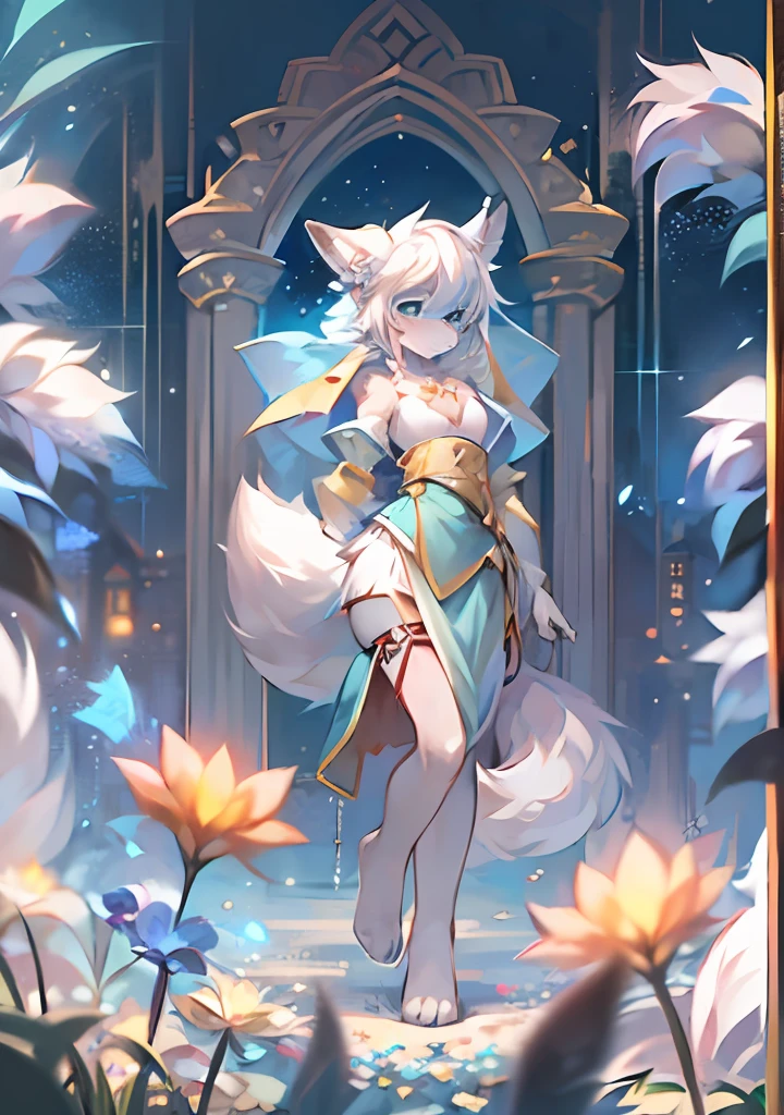 (8K, Best quality, Masterpiece:1.2),Masterpiece,High quality,abstract res,Digital painting\(artwork of a\), Short hair, eyes with brightness, in a panoramic view, Character focus.(detailedbackground:0.7), 独奏, shaggy, shaggy male, malefocus, anthr,(Full Body Furry, Fluffy tail, Pure white fur, White ears,Fair legs,blue color eyes, White color hair:1.2), (cloaks:1.2),Fox girl,Fluffy and delicate fur,Beast ears are cute,Fusion of man and animal,Furry female,long whitr hair,tmasterpiece,best qualtiy。Long amber hair,Silver-toned earrings,Gold costume,(long skirt,Not exposed),Holy Spirit,(20岁女孩,holy,)Big fluffy tail,Amber and white fur body,(Flowers close to the girl)(Body detailed:flatchest)Lively and cute girl,Textured skin,best qualtiy,Storytelling images,Ambient lighting,dynamic blur,,tmasterpiece,A masterpice,