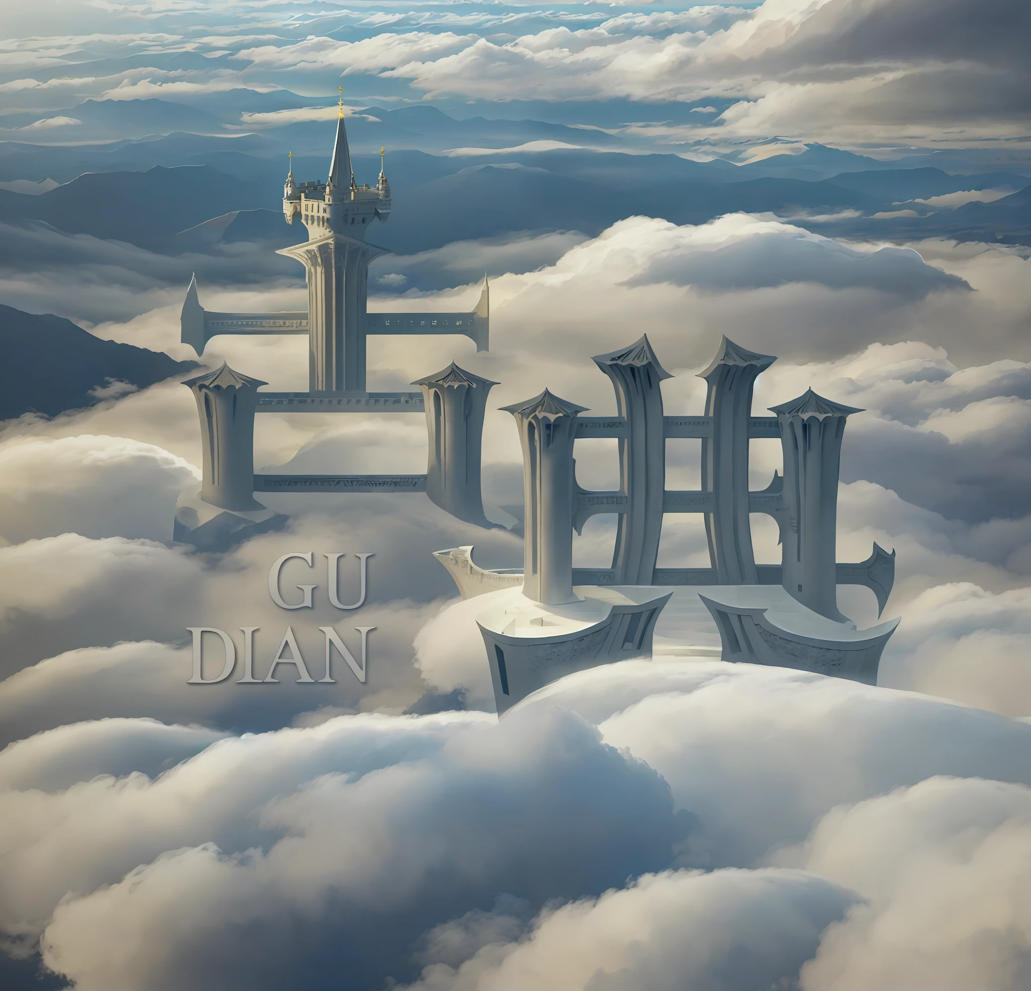 aerial view, colossal castle on a mountaintop in the clouds with many towers and spires and stacked terraces, minas tirith, highly detailed, high resolution, dramatic lighting, detailed acrylic, intricate complexity, soft natural volumetric cinematic perfect light, oil painting