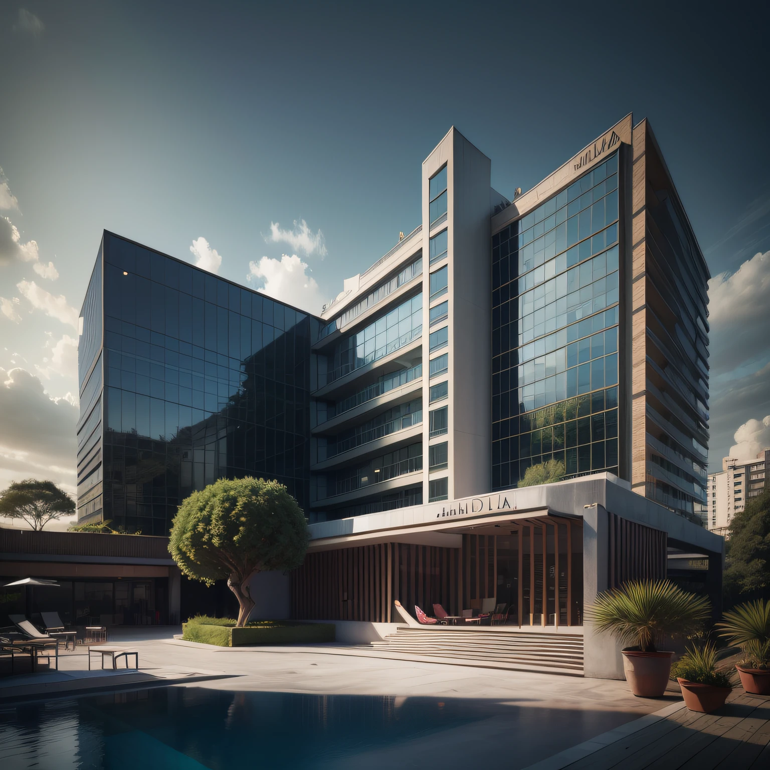 Grande hotel, Arquitetura futurista, building in the background, Architecture of a dark gray concrete building, madeira e  muito vidro nas fachadas, architecture inspired by João Salvador, Building with large lawn with some statues, Monumental luxury building in dark tones, Arquitetura moderna, grande piscina em frente ao hotel com grande desk, sun loungers and parasols, restaurante interior com grandes fachadas em vidro, grandes candeeiros no interior, lots of vegetation around, hotel  com 120 quartos, Arquitetura moderna, organic architecture, Geometria luxuosa, hiper-realista, Fantastic 8K architecture, UHD — AR 16: