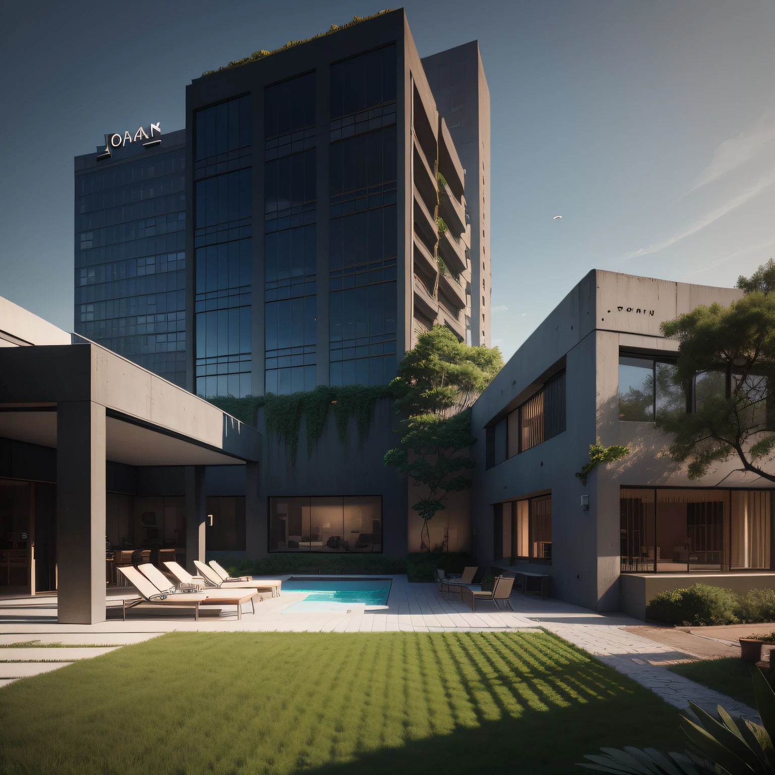 Grande hotel, Arquitetura futurista, building in the background, Architecture of a dark gray concrete building, madeira e muito vidro nas fachadas, architecture inspired by João Salvador, Building with large lawn with some statues, Monumental luxury building in dark tones, Arquitetura moderna, grande piscina em frente ao hotel com grande desk, sun loungers and parasols, restaurante interior com grandes fachadas em vidro, grandes candeeiros no interior, lots of vegetation around, hotel com 120 quartos, Arquitetura moderna, organic architecture, Geometria luxuosa, hiper-realista, Fantastic 8K architecture, UHD — AR 16: