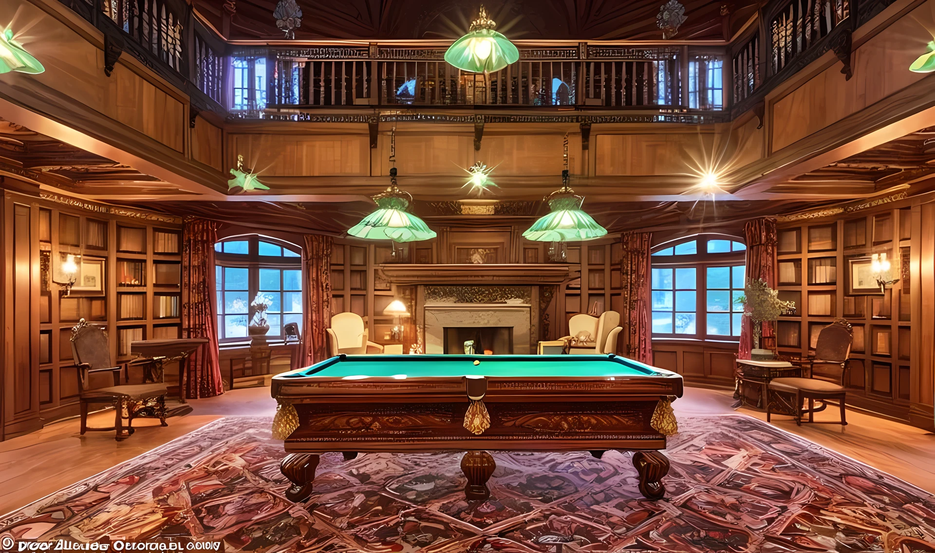 Close-up of pool table in room with fireplace, inside a grand, extremely opulent, A Detailed Masterpiece, A masterpiece of high detail, Billiard room, Great masterpiece, ornate and detailed, Gorgeous and meticulous, gothic mansion room, ornate retreat, Incredible masterpiece, Exquisite masterpiece, opulent, in their noble mansion, luxurious indoor setting, In the gorgeous library