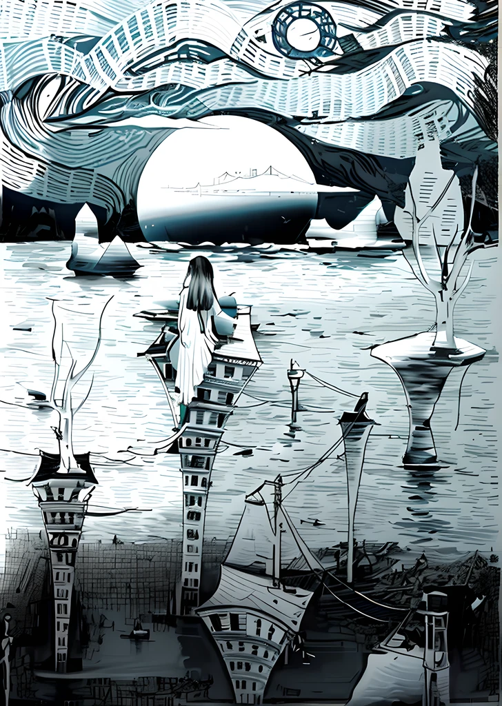 Draw a woman standing on a boat,There is a cat on the shore, surrealism painting, Hyper-realistic illustration, sketch of a lucid dream, surreal scene, in a surreal dream landscape, Inspired by Remedios Varro, Black and white illustration, surreal landscapes, pencil and ink drawing, black and white drawing, Surreal landscape, author:Maximilian Jimsky