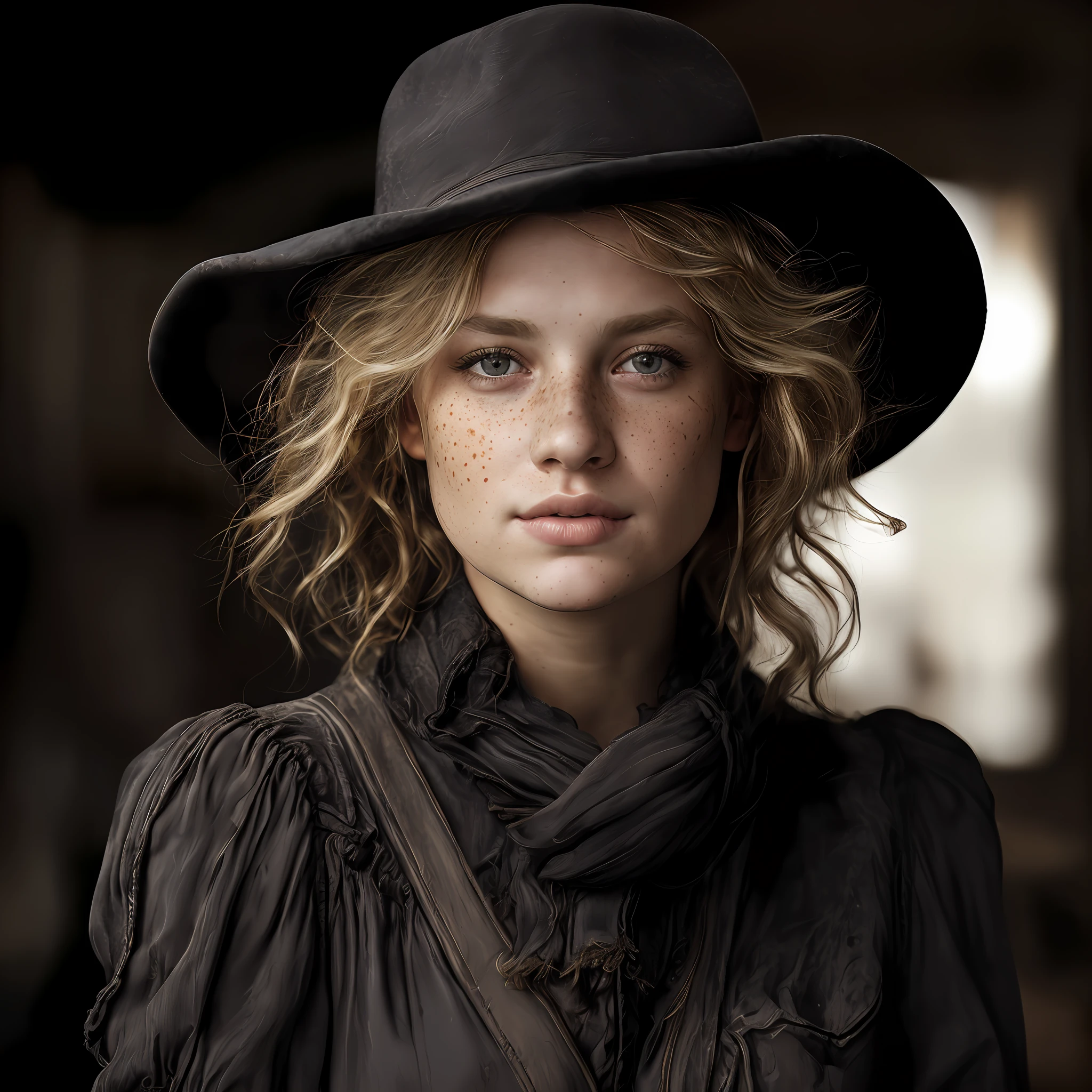 a photo portrait of a beautiful girl with curls and lots of freckles, (dirty blonde hair), (face portrait:1.5), dramatic light , Rembrandt lighting scheme, (hyperrealism:1.2), (8K UHD:1.2), (photorealistic:1.2), shot with Canon EOS 5D Mark IV, detailed face, detailed hair