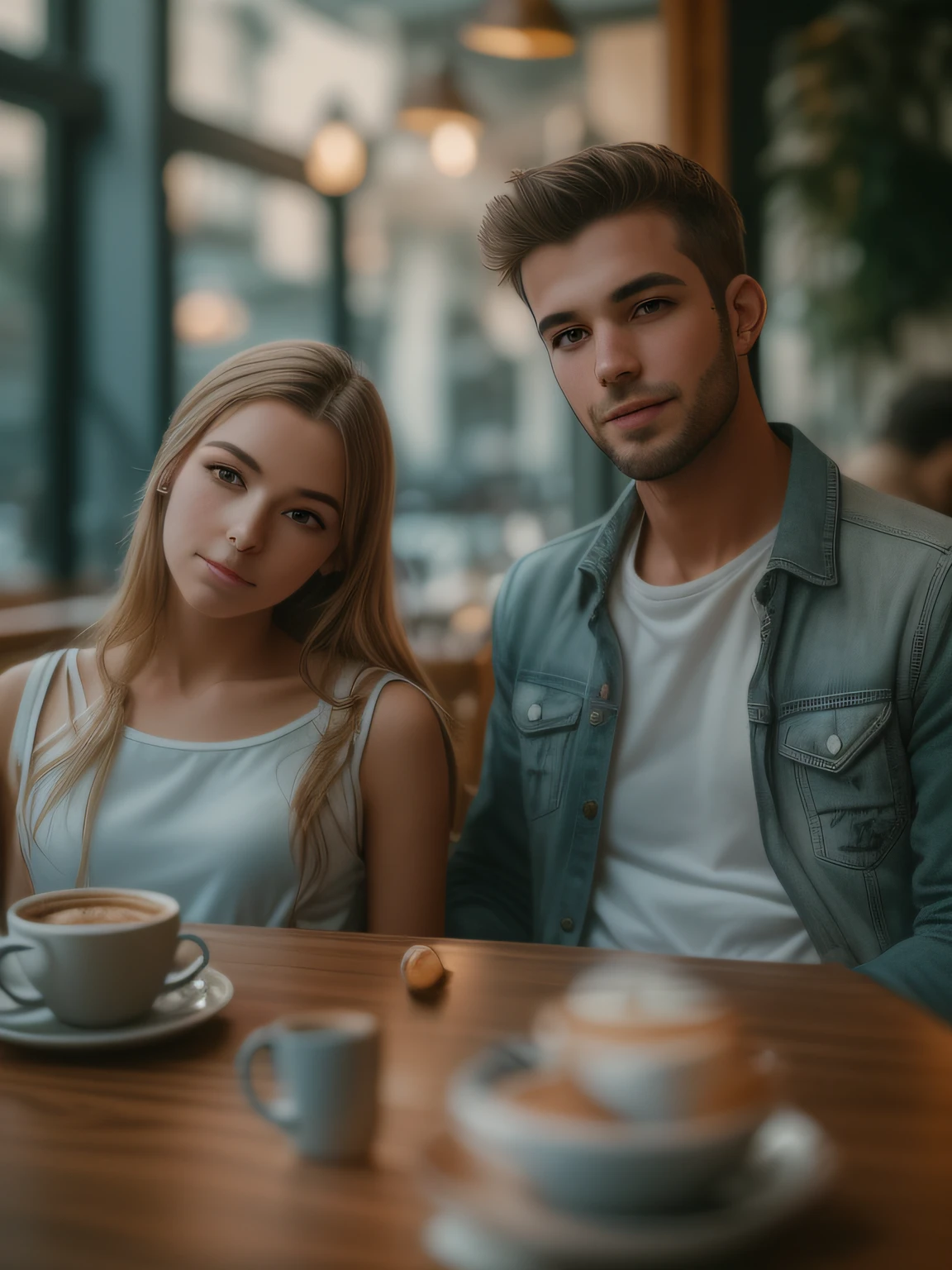 A girl and a guy are sitting at a table in a café,  (8K, photo in RAW format, beste-Qualit, tmasterpiece:1.2), Ultra-detailed, (high-detailed skin:1.2), 8K UHD, DSLR camera, soft-lighting, hiquality