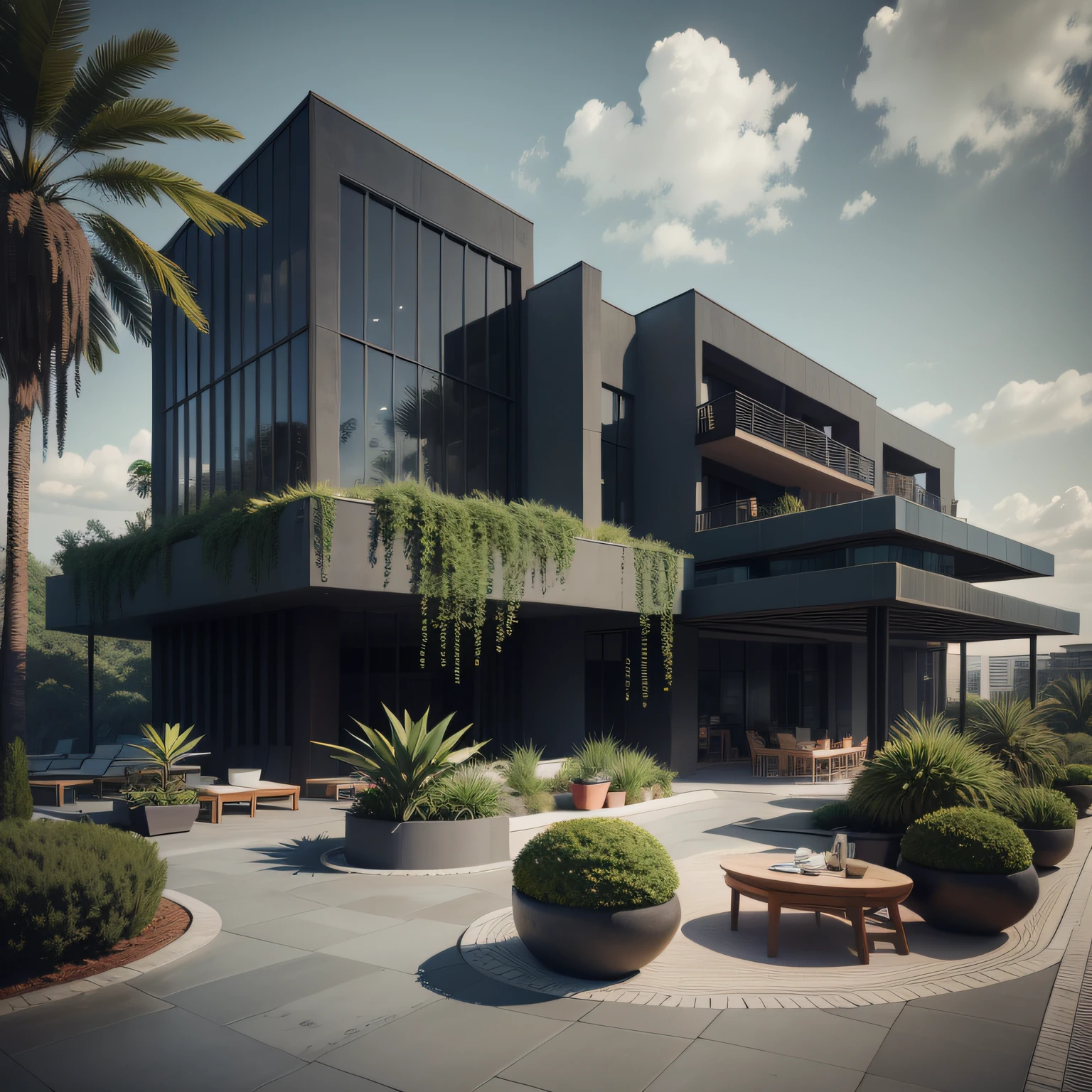 Grande hotel, Arquitetura futurista, building in the background, Architecture of a dark gray concrete building, madeira e  muito vidro nas fachadas, architecture inspired by João Salvador, Building with large lawn with some statues, Monumental luxury building in dark tones, Arquitetura moderna, grande piscina em frente ao hotel com grande desk, sun loungers and parasols, restaurante interior com grandes fachadas em vidro, grandes candeeiros no interior, lots of vegetation around, hotel  com 120 quartos, Arquitetura moderna, organic architecture, Geometria luxuosa, hiper-realista, Fantastic 8K architecture, UHD — AR 16: