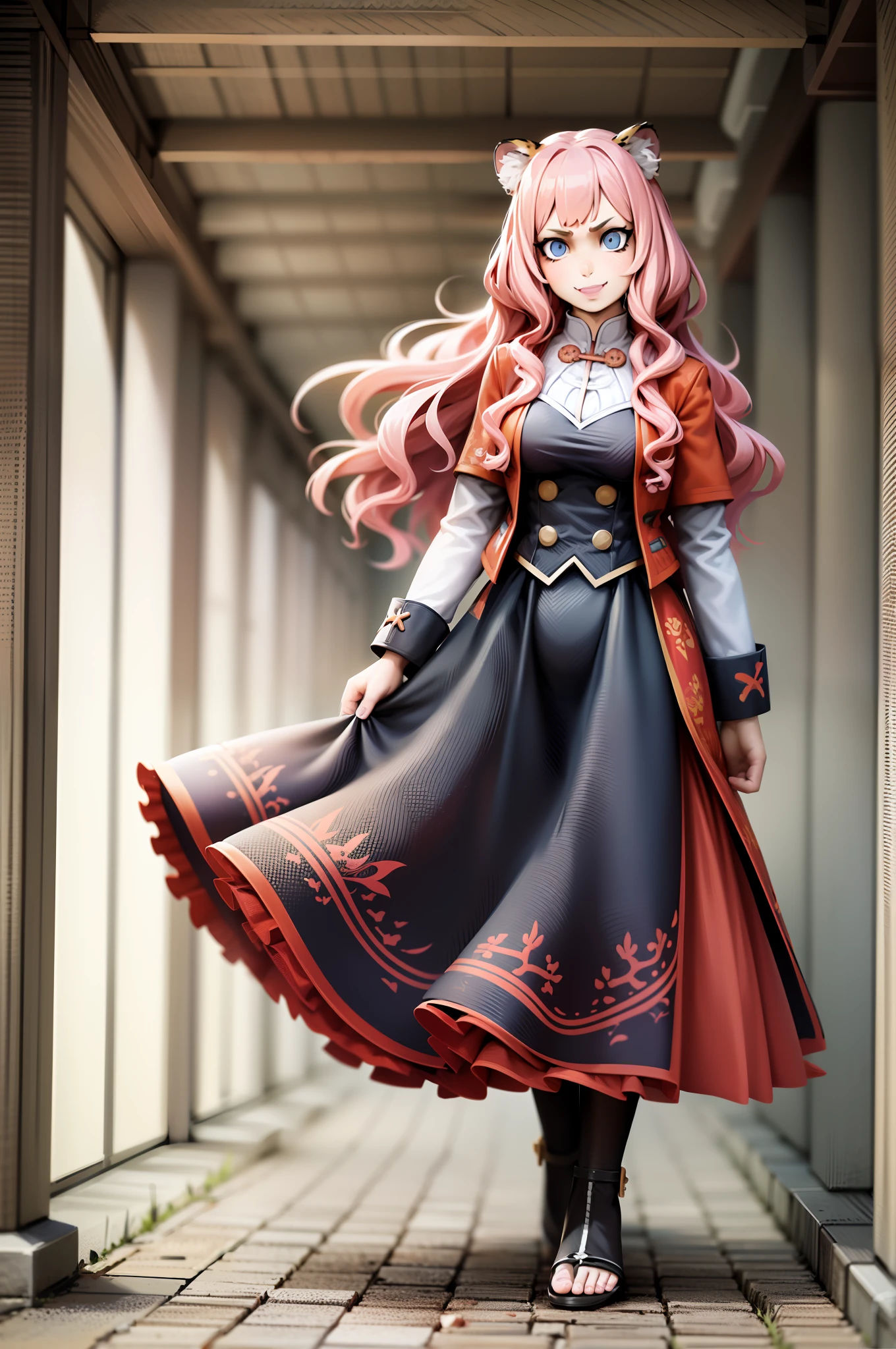 little girl, tiger ears, tiger tails, martial art, medium chest, pink hair, skirt, jacket, godess,1girl,coat,walking, solo focus.1character, holy catholic mountain,alone, full body, long skirt, smug smile, long skirt, victorian cloths, forest, portrait, victorian skirt,, flip flops, traditional chinese cloths,