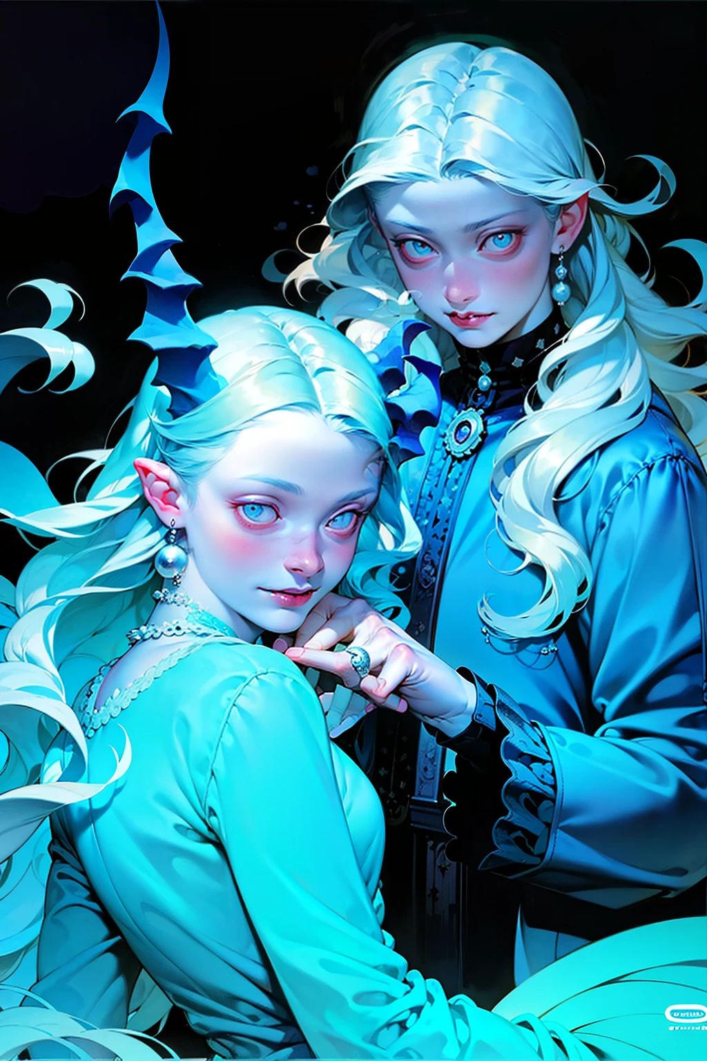 A girl with curly yellow hair,blue colored eyes,enviroment(the ocean,pearls,airbubble,seaweed,the night),mermaids,As estrelas,crystal,pearls,There is a dark demon