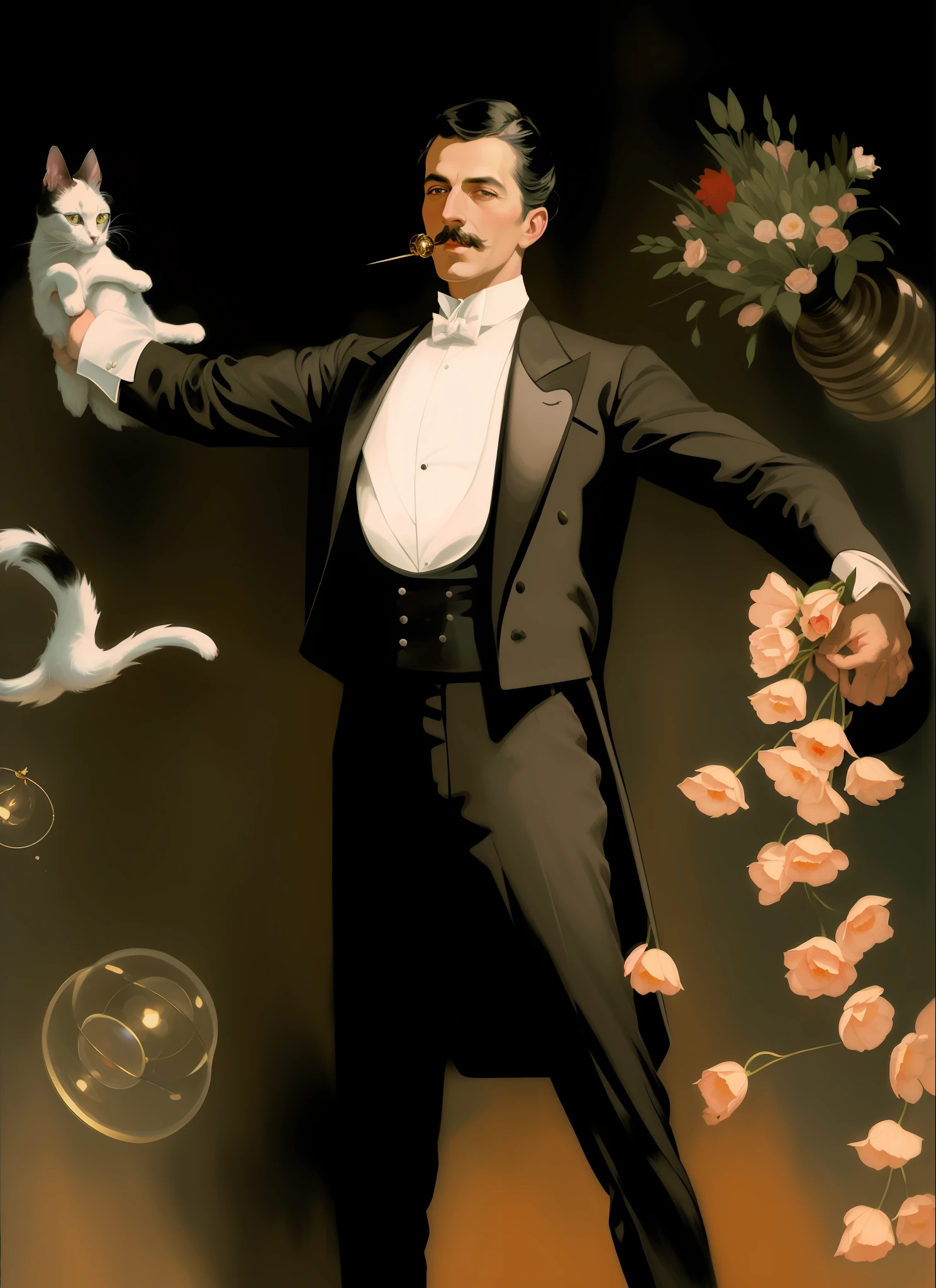 painting of a man in a tuxedo with a cat and flowers, 1900 illustration artwork, magician, luis ricardo falero, portrait of circus artist, magician dog performing on stage, the magician, inspired by Hovsep Pushman, enoch bolles, oz, 1905, 1 9 0 5, portrait of nikola tesla, 1904