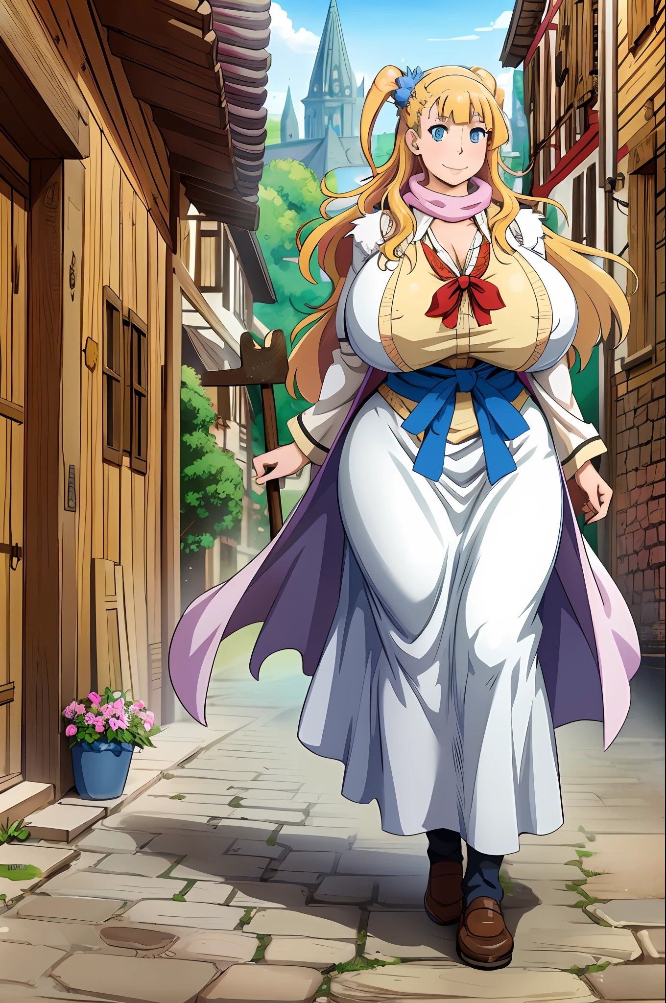 masterpiece, best quality,,gigantic breasts,smile,galko huge breast, mature, long skirt, modes, traditional french cloths, priestess, , walking, medieval village, flowers, fantasy village, staff holding, nun, vest, fur coat,scarf, cape, forest