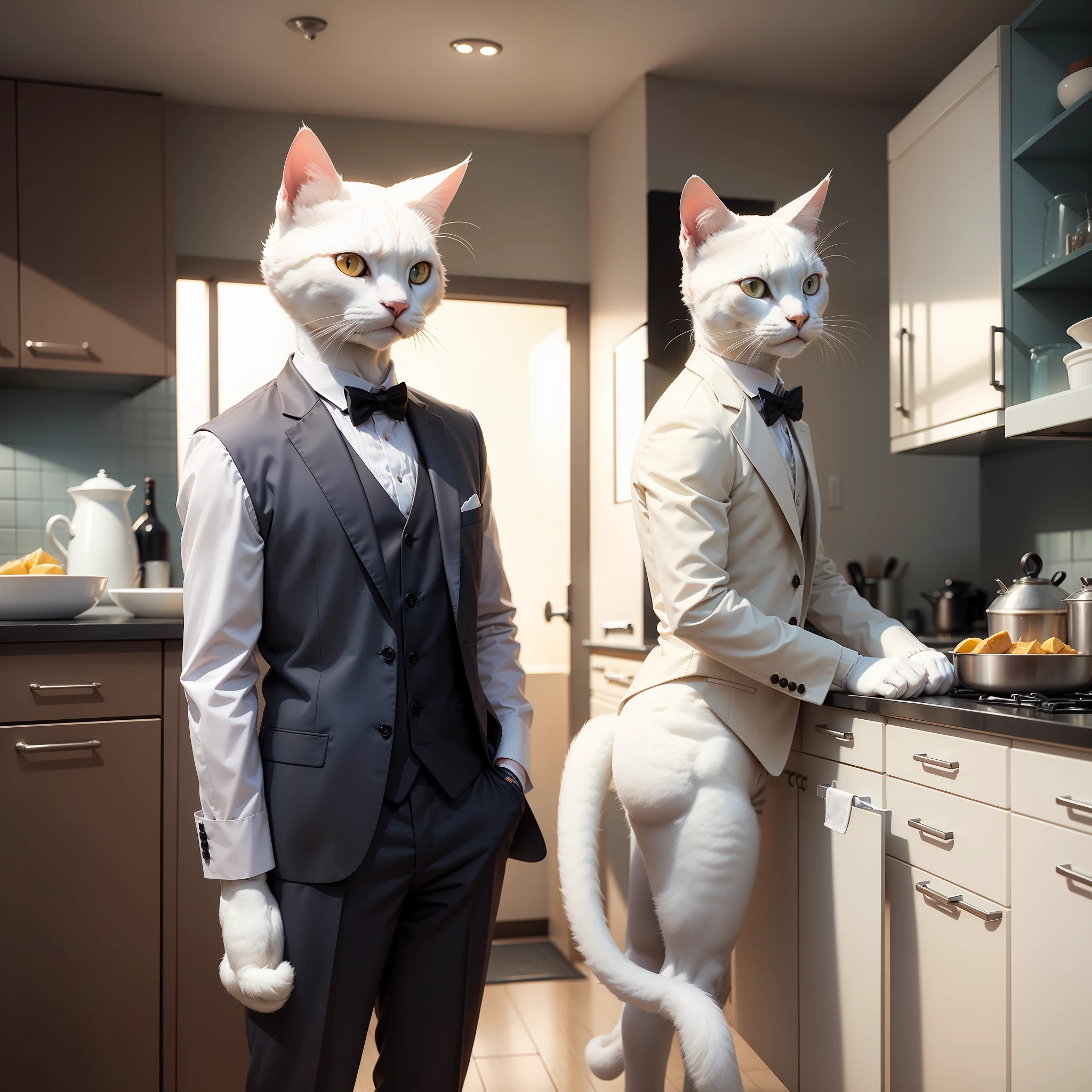 White cat，at the kitchen，are standing，dressed in a suit，Lifestyle style，meticuloso，Realiy，Don't be human，