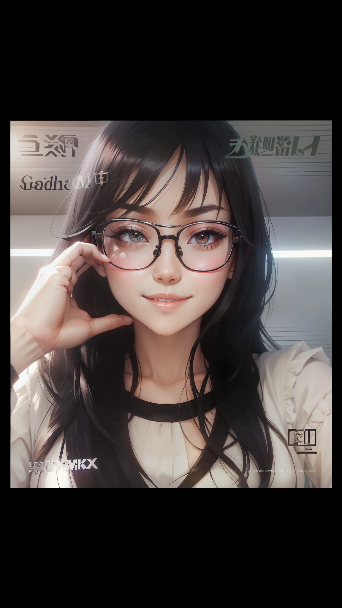 smile without expression，Wearing black garden-framed glasses，Anime version，Girls who throw winks