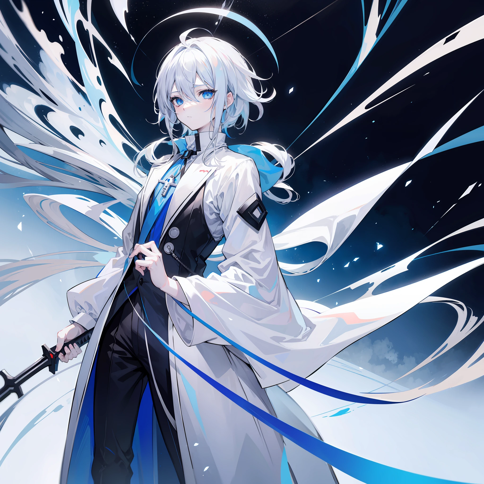Anime characters with white hair and blue eyes,Wear black and white clothes, an anime drawing by Shitao, Pisif, neo-romanticism, Best anime 4k konachan wallpaper, From Arknights, zerochan art, Tall anime guy with blue eyes, nagito komaeda, 4k manga wallpapers, a silver haired mad, Key anime art,Boy