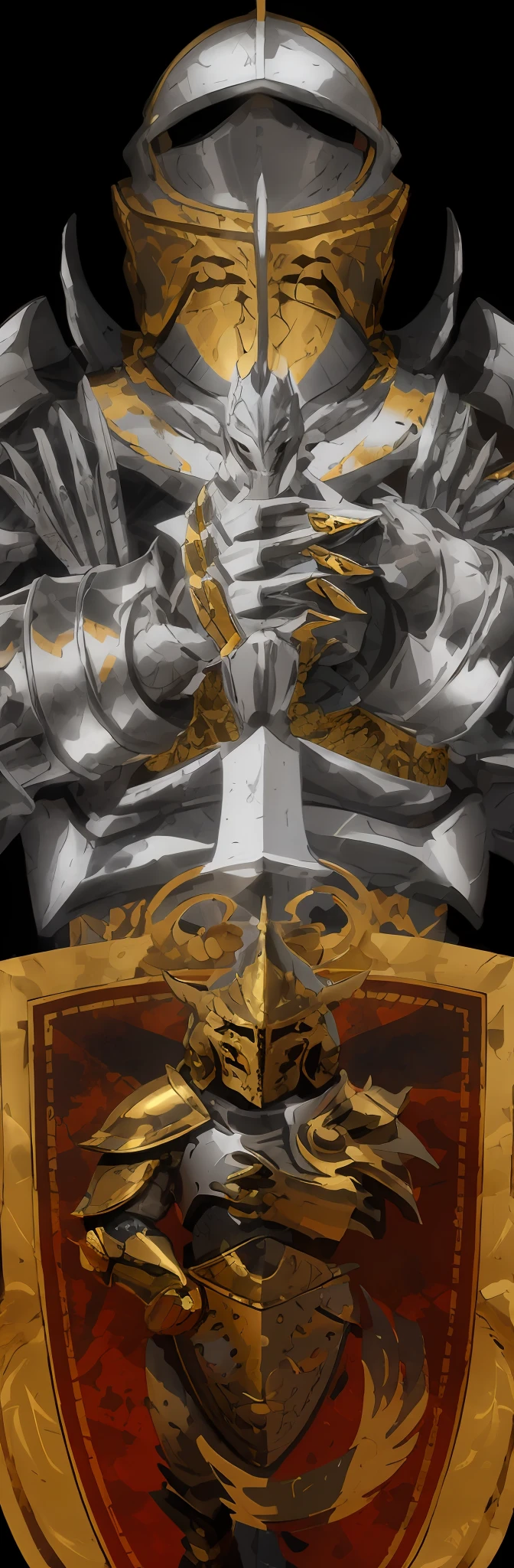 Close-up of a shield with a knight's helmet, silver and gold heavy armor, the golden cat armor knight, Silver armor,Thin gold trim, Silver armor,golden trim, heavy white and golden armor, paladin golden armor, gold and silver armour suit, armor focus on face, Epic Paladin armor, heavy golden armour, paladin armor