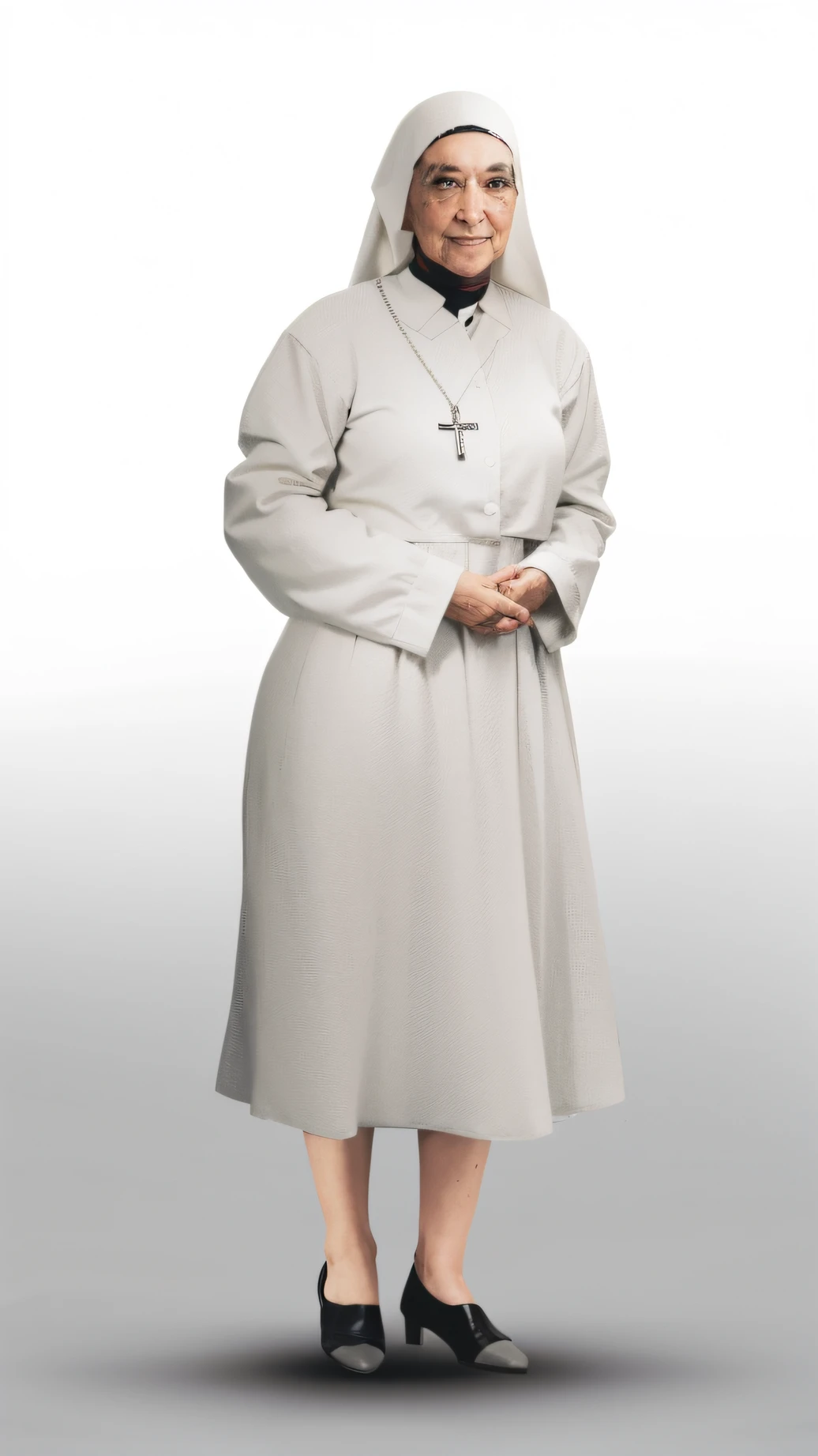 Woman in nun's costume standing with her hands in pockets, agora, foto de corpo inteiro, fotografia de corpo inteiro, Full view of the body and the gostarbeça, gostar, 4k
