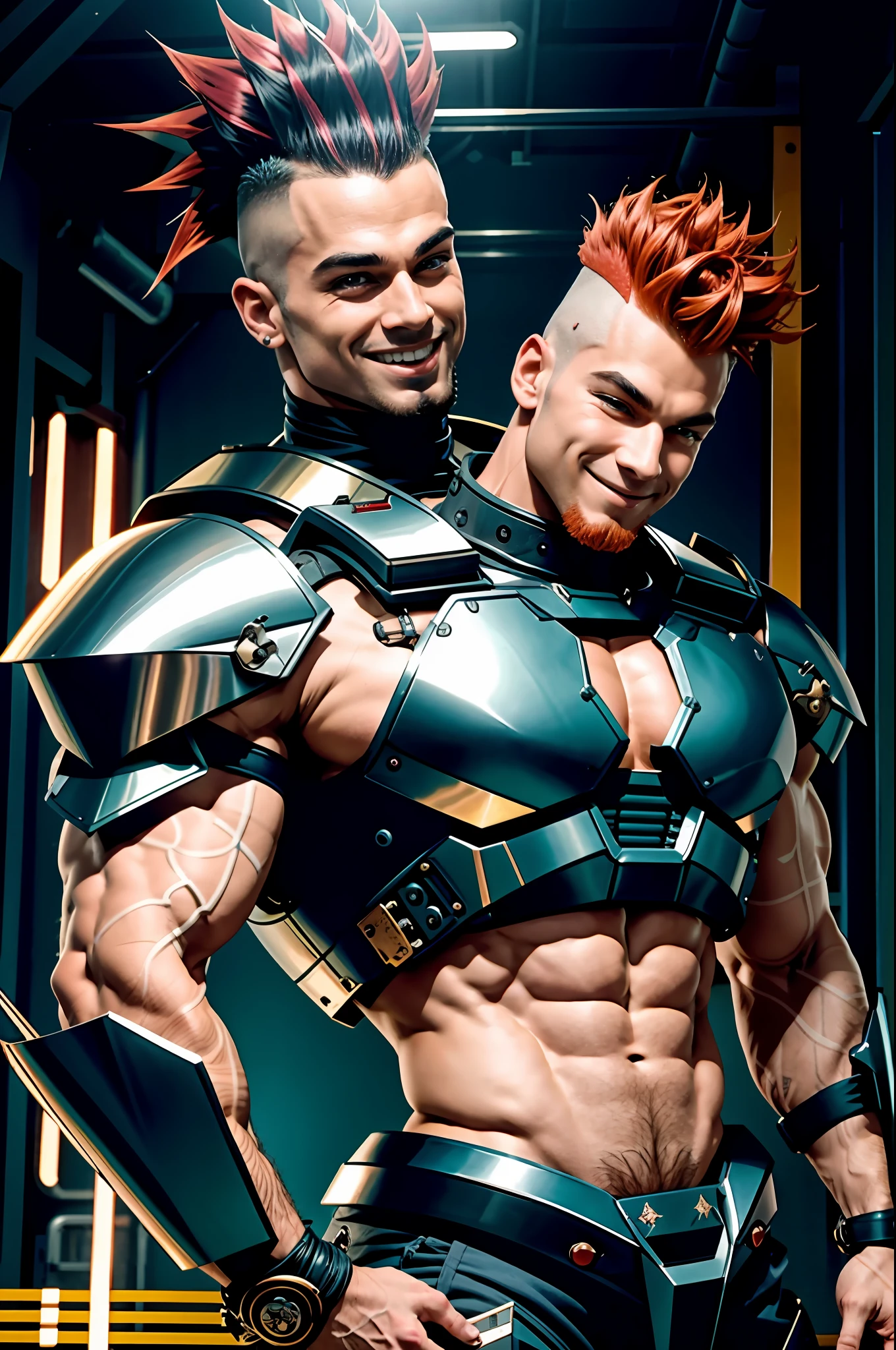 (((tmasterpiece))), ((((best qualtiy)))), (((absurderes))), Muscular 25-year-old adult male,Wearing robot armor,Abs,cool guy,sexyposture,White mohawk hair and red hair,Proportional body,full bodyesbian,big breasts beautiful,Naughty smile,Military facilities