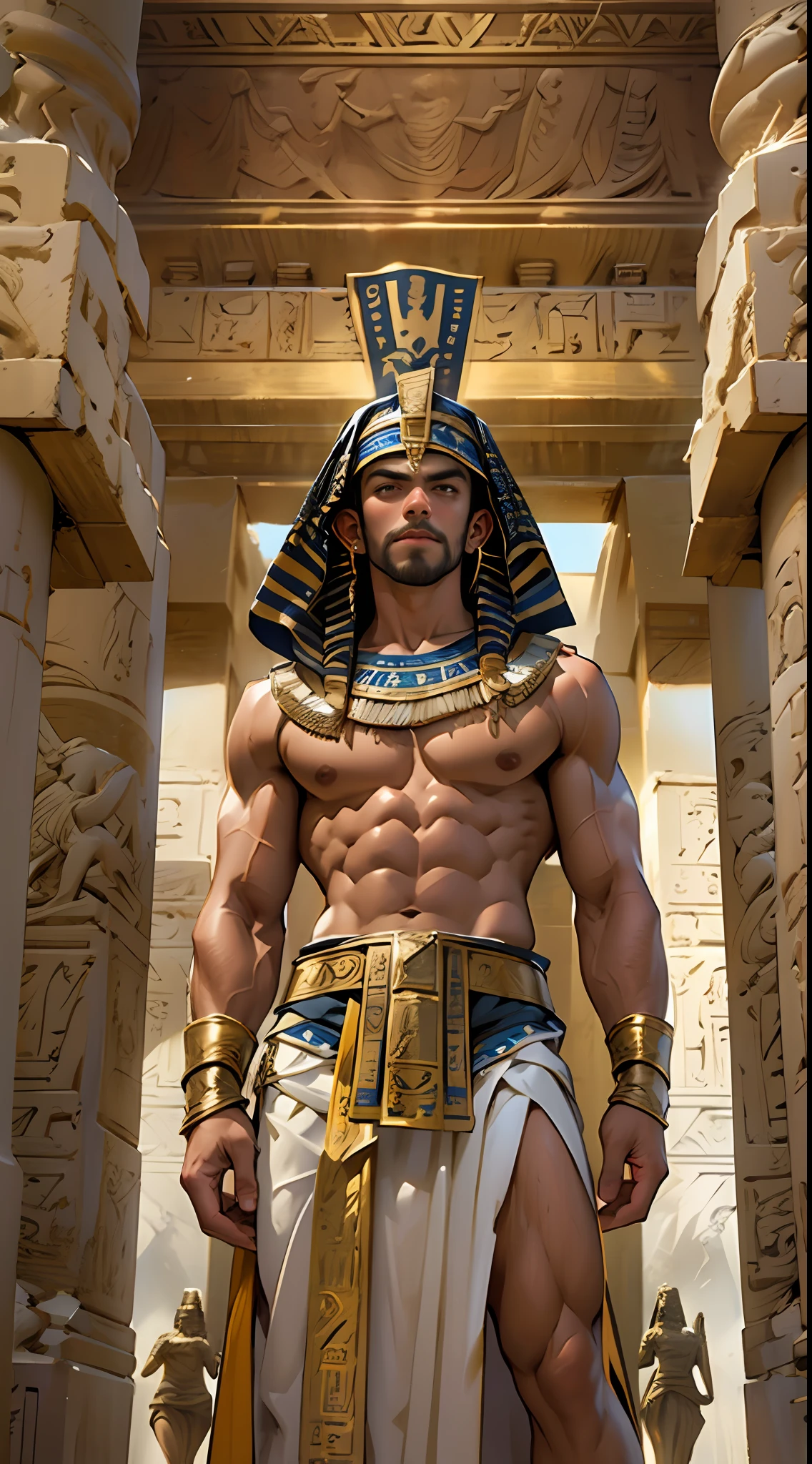 Powerful warrior, chest bared, lower body uncovered from thighs to feet, luxuriant long curls, meticulous muscle definition, photorealistic rendering, 4K resolution. Background: Ancient Egyptian temple complex,32k uhd, best quality, masterpiece, super detail, high details