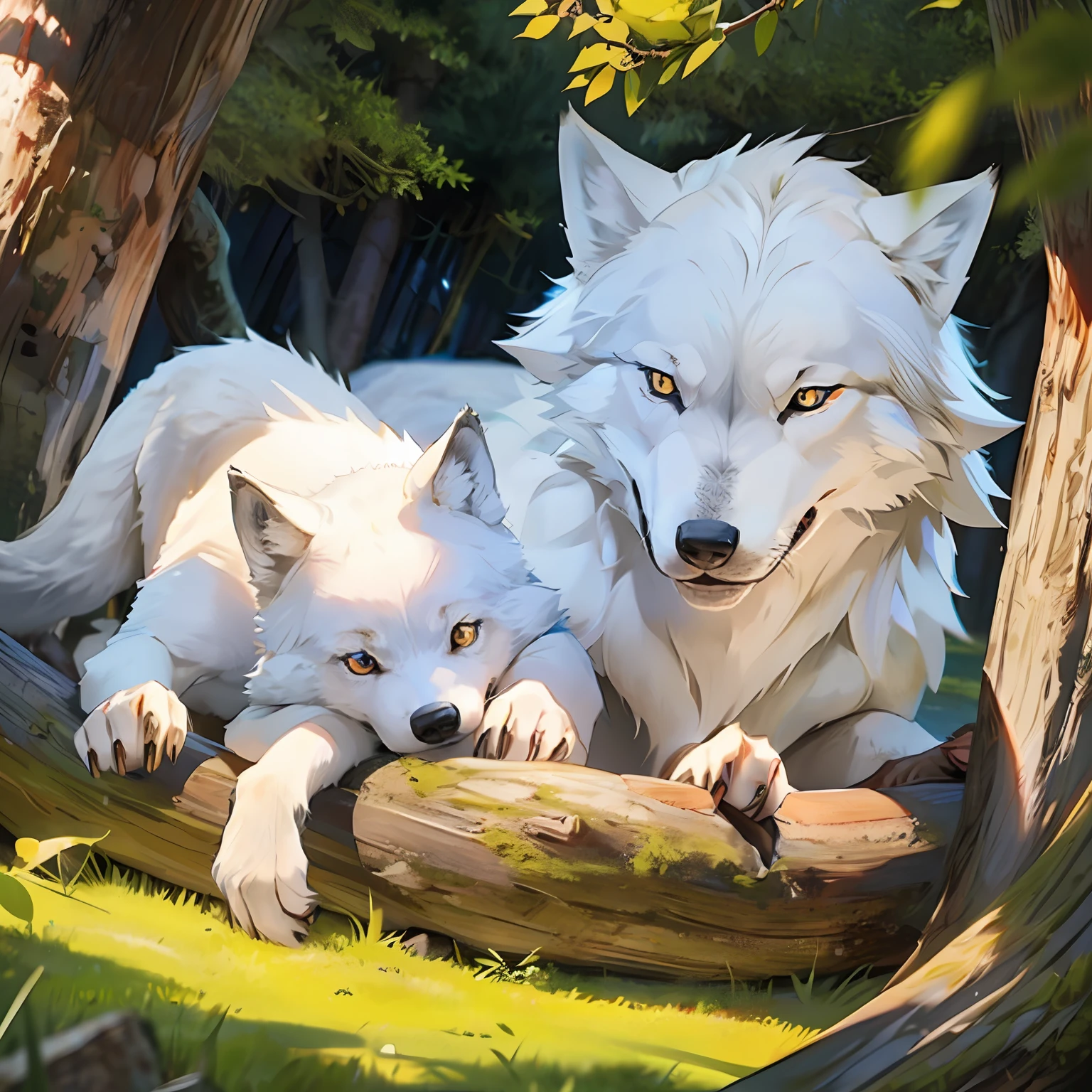 Two arctic wolves live in a tree hole,A young wolf,A she-wolf,Young wolves sleep in the arms of the she-wolf,No Man