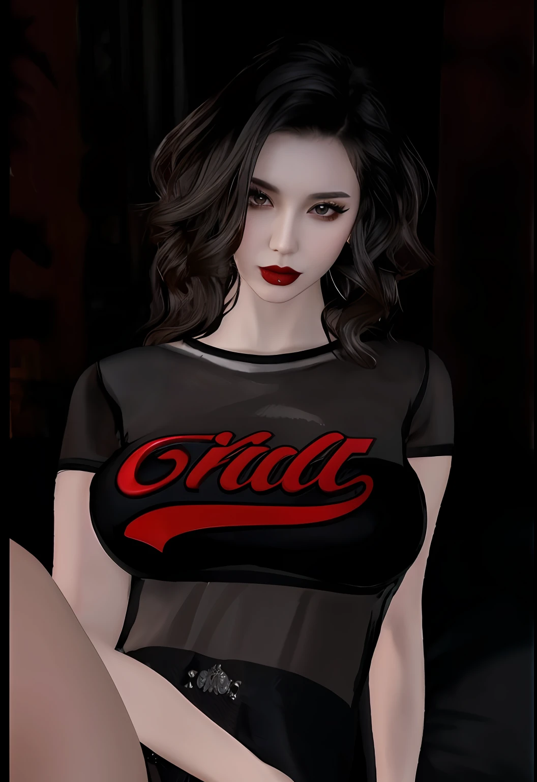a close up of a woman in a black dress with a red shirt, chill, chilly, sultry expression, charmed sexy look, goth girl, e - girl, e-girl, succubus in tight short dress, lilith, chilled out smirk on face, inspired by Cliff Childs, tifa, very beautiful goth top model, detailed sshirt, detailed a word on shirt, detailed eyes, (glowsy lips:0.6), detailed hair, realistic