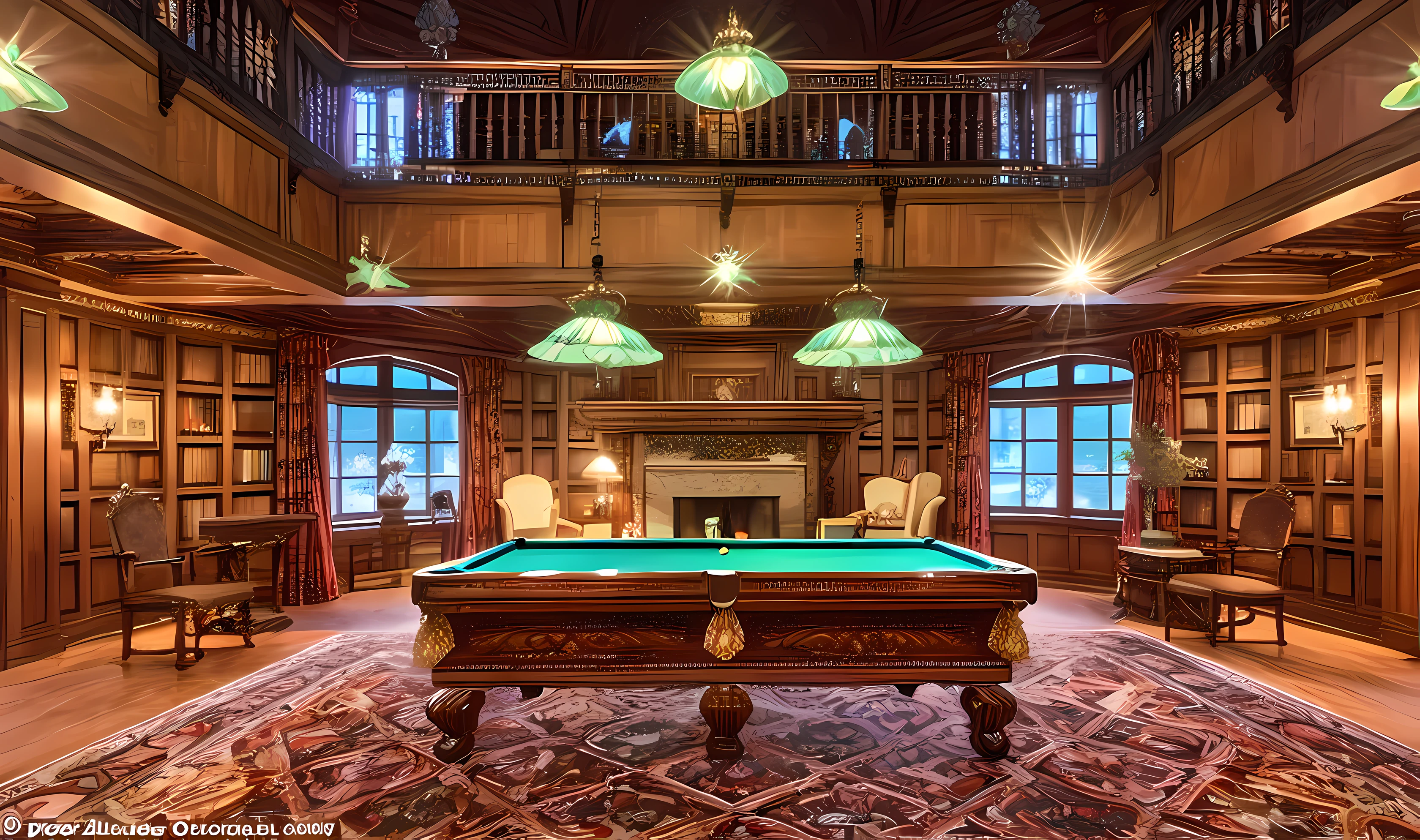 Close-up of pool table in room with fireplace, inside a grand, extremely opulent, A Detailed Masterpiece, A masterpiece of high detail, Billiard room, Great masterpiece, ornate and detailed, Gorgeous and meticulous, gothic mansion room, ornate retreat, Incredible masterpiece, Exquisite masterpiece, opulent, in their noble mansion, luxurious indoor setting, In the gorgeous library