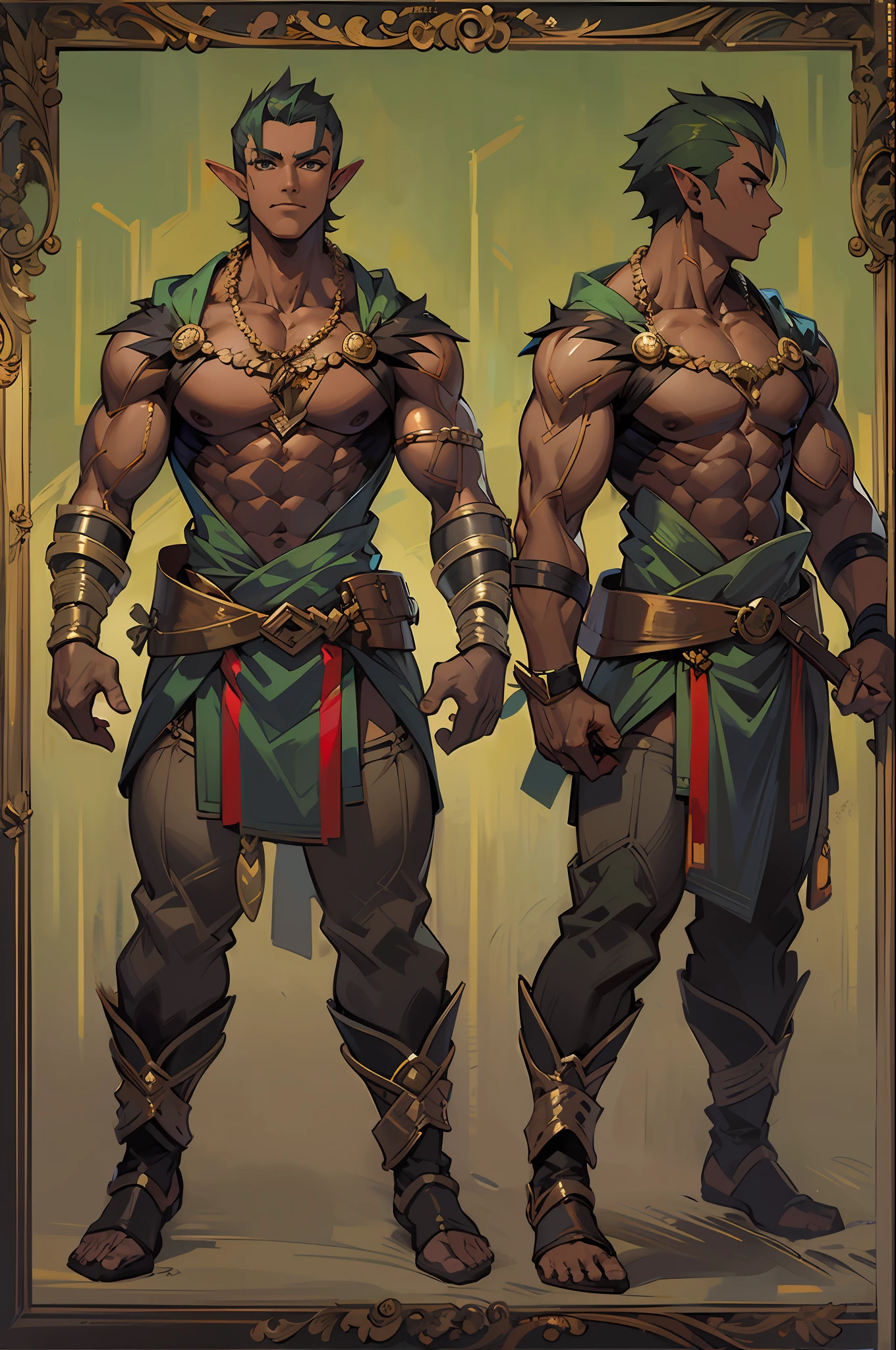 (tmasterpiece,top Quority,best qualtiy),pix,pixelart,the elf,full bodyesbian,(Dark skin),chest muscle,Abs,(Handsome male),archer,hunters,ln the forest