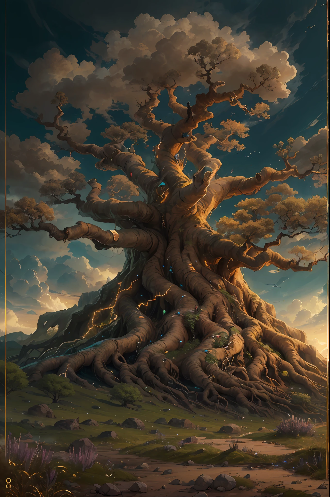 (tmasterpiece、best qualtiy)A huge ancient tree on a vast field((The roots of the tree are covered with golden glowing veins))、surrounded by cloud,(illustratio:1.0)、Epic composition、Realistic lighting details、high definition detail、high definition resolution,(非常详细的 CG 统一 8k 壁纸)
