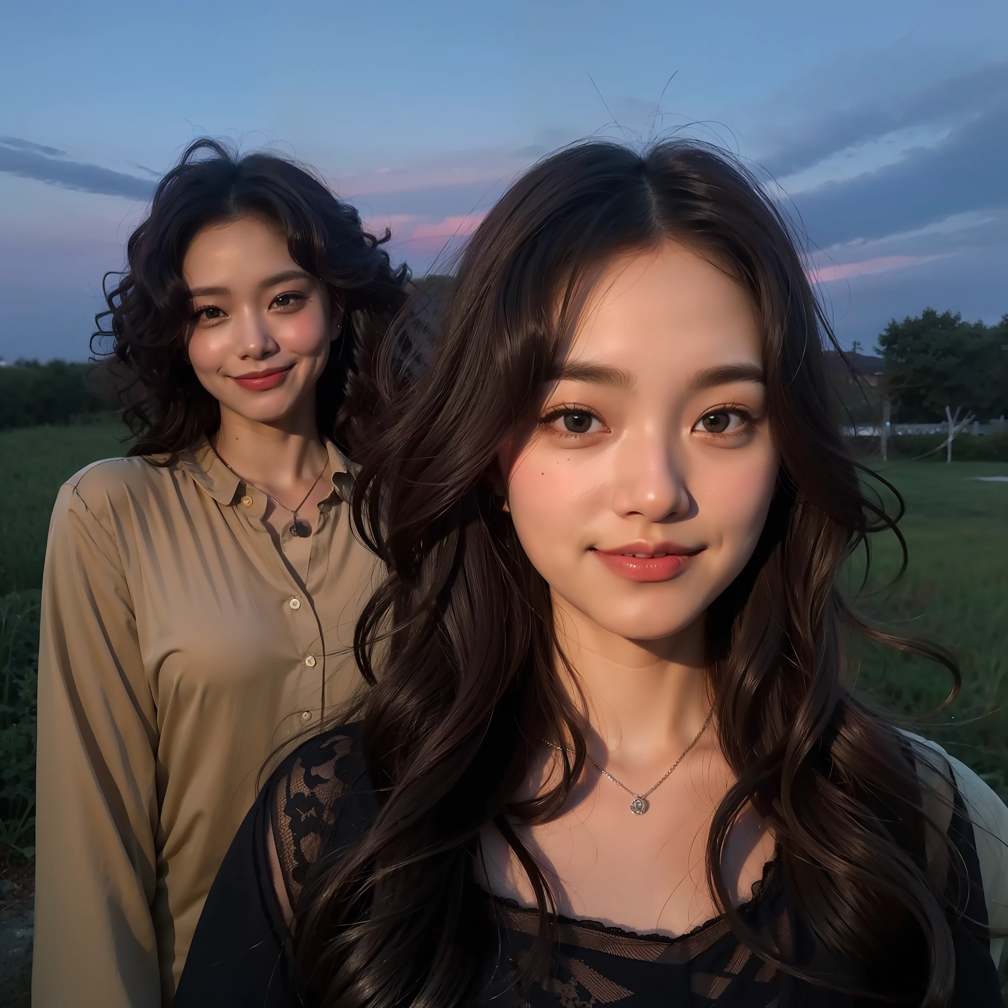 1girll,Fake smile,Curly hair,At dusk,deepshadow