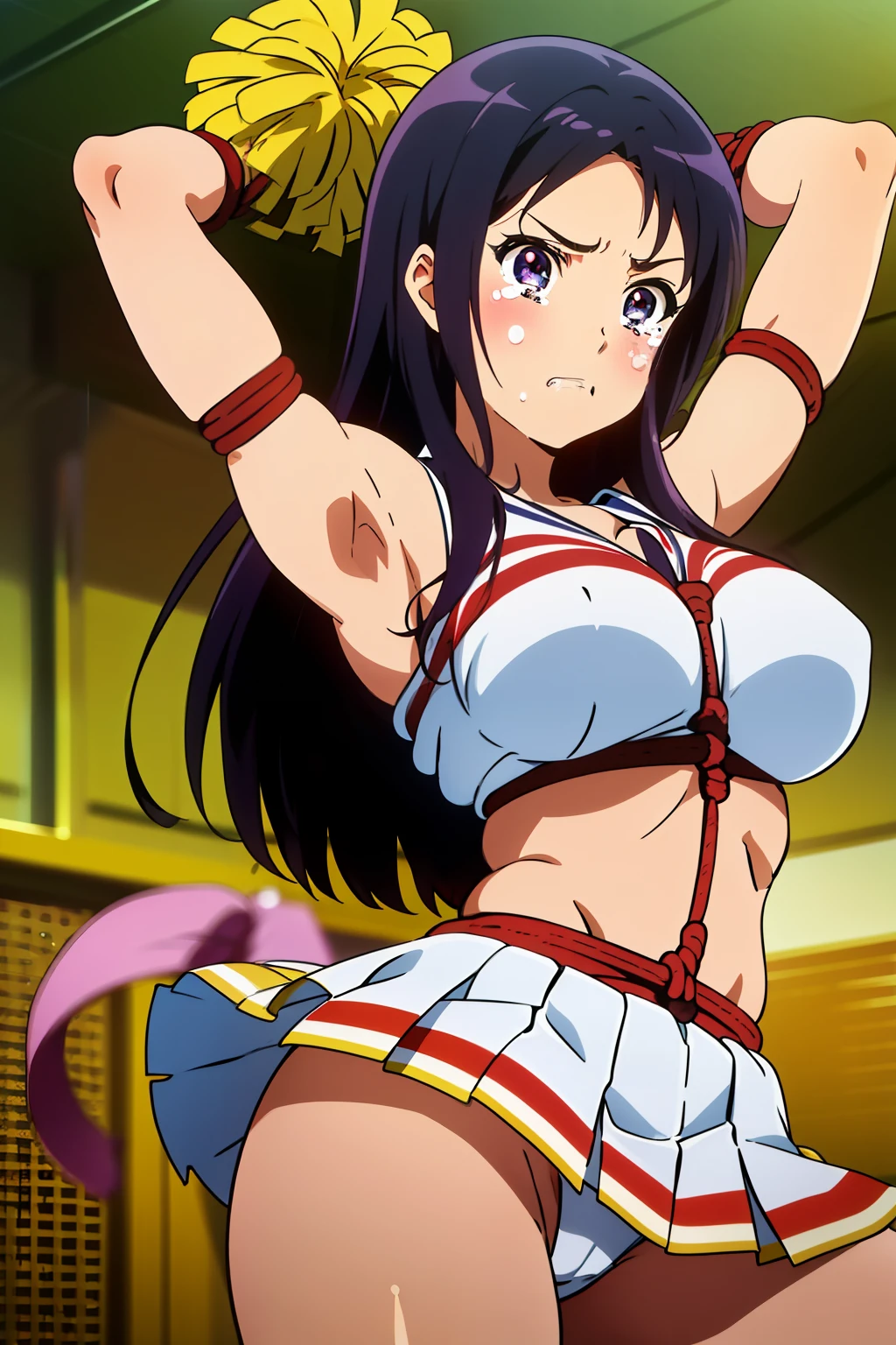 Reina Kousaka:1.5,cel anime,official art, (from very below,ceiling:1.3),cowboy shot,(day), classroom, (standing split legs:1.6),(cute cheerleader uniform costume,cute super short miniskirt,sexy white panties,sexy bare thigh:1.2),(upskirt:1.2),panties focus,black_hair,purple_eyes,long_hair,(rope shibari over the clothes:1.3),(arms behind head),
1 girl, 18yo,Young female,Beautiful Finger,Beautiful long legs,Beautiful body,Beautiful Nose,Beautiful character design, perfect eyes, perfect face,
(frown,shame,embarrassed,anger,troubled eyebrows,crying,opened eyes tightly, closed mouth,clenching teeth,full face blushing,:1.2),(Beautiful,large_Breasts,natural pointy tits:1.1), (beautiful_face:1.5),(narrow_waist),panties,cameltoe, erotic,
NSFW,extremely detailed CG unity 8k wallpaper, perfect lighting,Colorful, Bright_Front_face_Lighting,
(masterpiece:1.0),(best_quality:1.0), ultra high res,4K,ultra-detailed,
photography, 8K, HDR, highres, absurdres:1.2, Kodak portra 400, film grain, blurry background, bokeh:1.2, lens flare, (vibrant_color:1.2),