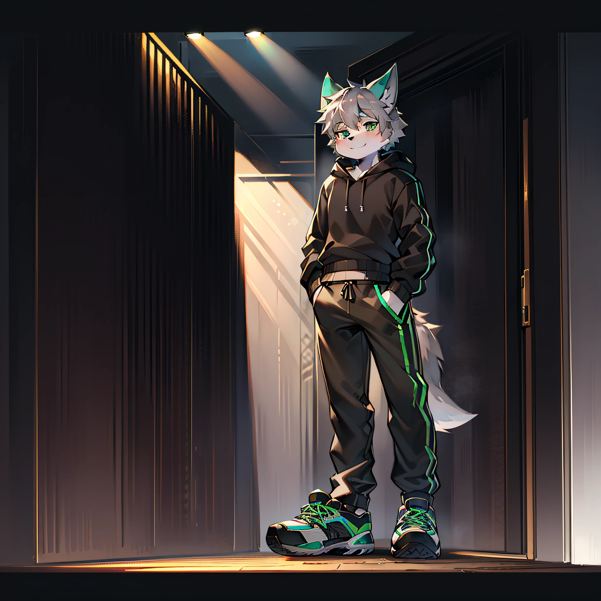 coyote,uploads_On_e621,,Furry_Male,short_Grey_Hair,Solo,，gray wolf,Green_Ear_Top,Black sweatshirt，black long pants，athletic sneakers，standing on your feet，Super cute face ，，Clear background，rays of sunshine，Skysky，ssmile