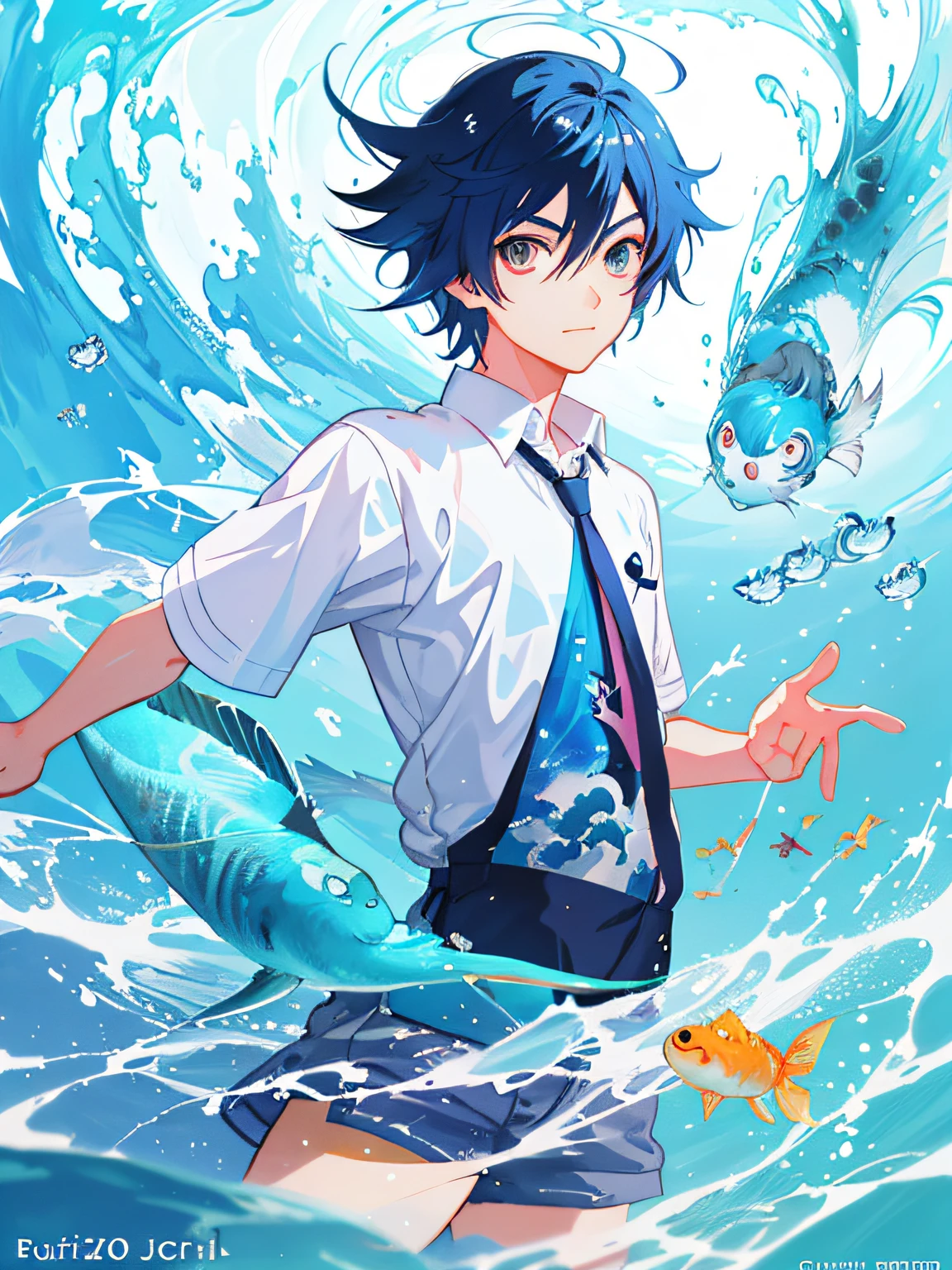 anime boy with fish in water with eyes and hair, makoto shinkai cyril rolando, cyril rolando and goro fujita, a beautiful artwork illustration, artwork in the style of guweiz, inspired by Cyril Rolando, beautiful digital illustration, pixar and ilya kuvshinov, realistic anime 3 d style, loish and ross tran, stunning digital illustration
