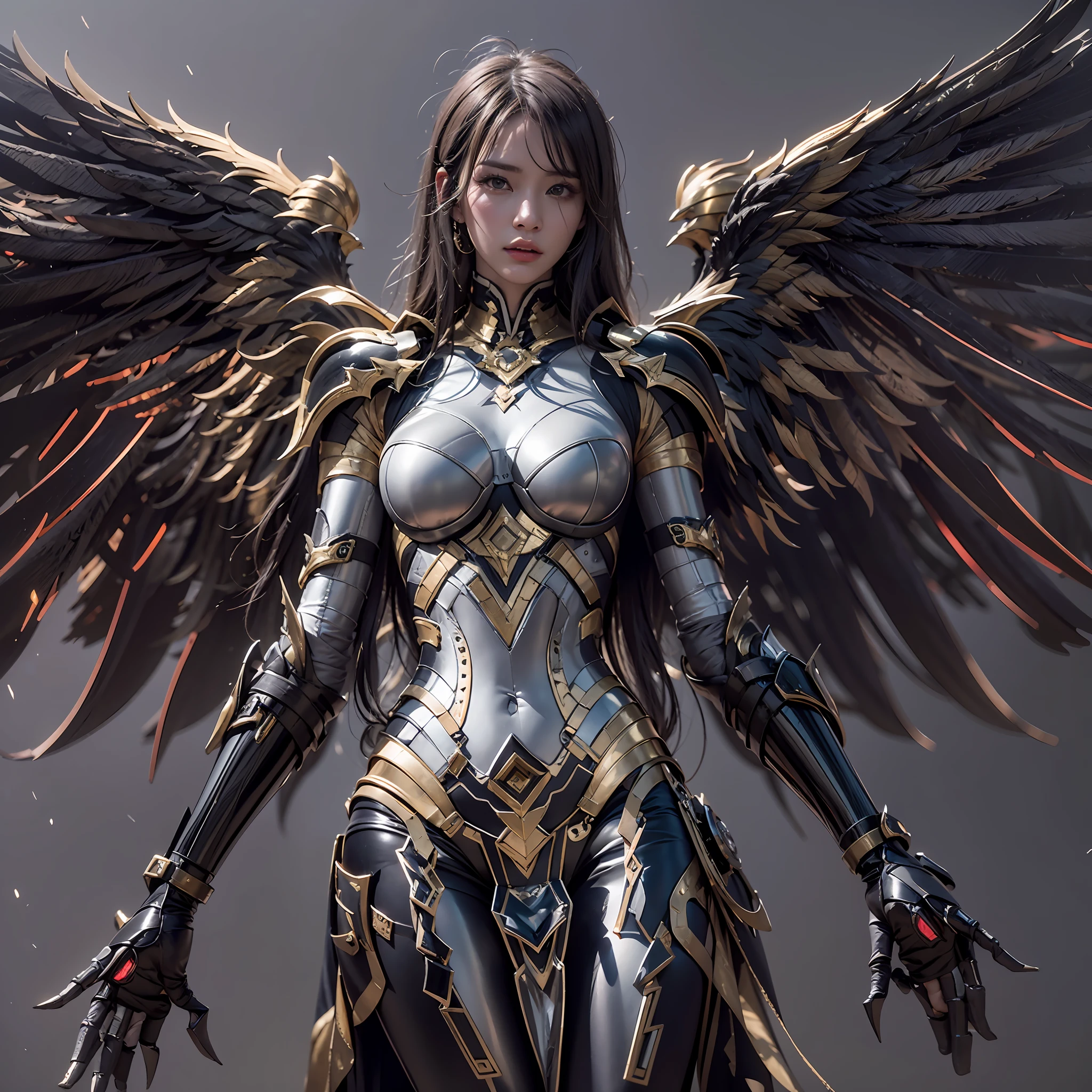 1girll,Dark Angel Warrior,(((On the back there is a pair of large black half-body wings))),Black titanium,Metal wings,((Metal wings)),((Black gold metal armor)),high detal,(beautifulface),Perfect facial features,red tinted hair,Black and gold greatsword,Futuristic technical background,apathy、Aloof、On the high horse,atmospurate、macro,Realistis,hdr(HighDynamicRange)、Ray traching、NVIDIA RTX、Hyper-Resolution、illusory 5、sub surface scattering、post-proces、Anisotropy Filtering、depth of fields、maximum definition and sharpness,Surface coloring、Accurately simulate light-material interactions、perfectly proportions、rendering by octane、largeaperture、Low ISO、White balance、the rule of thirds、8K raw data、lightand shade contrast