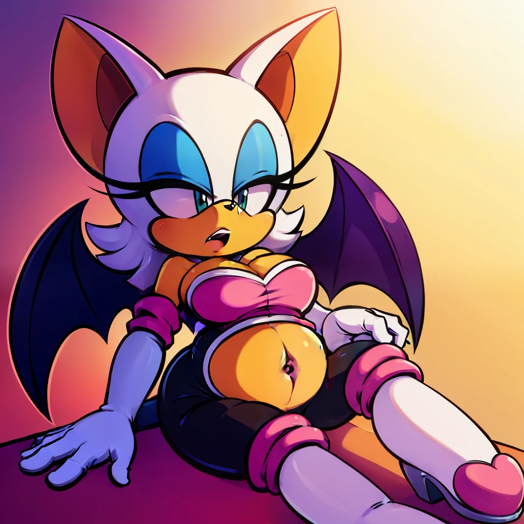 rouge the bat, full body, soft lighting, fov, intricate details, pastel, wearing crop top, exposed belly, hyperpregnant, sleepy, laying in lounge chair, crossed eyes