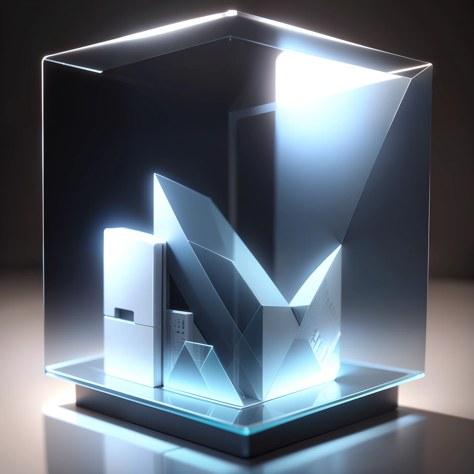 A note icon, suspended above a metal base, transparent frosted glass style, isometric perspective, light blue, white background, 3D, C4D rendering, Blender, OC octane, studio ambient light, high-resolution details