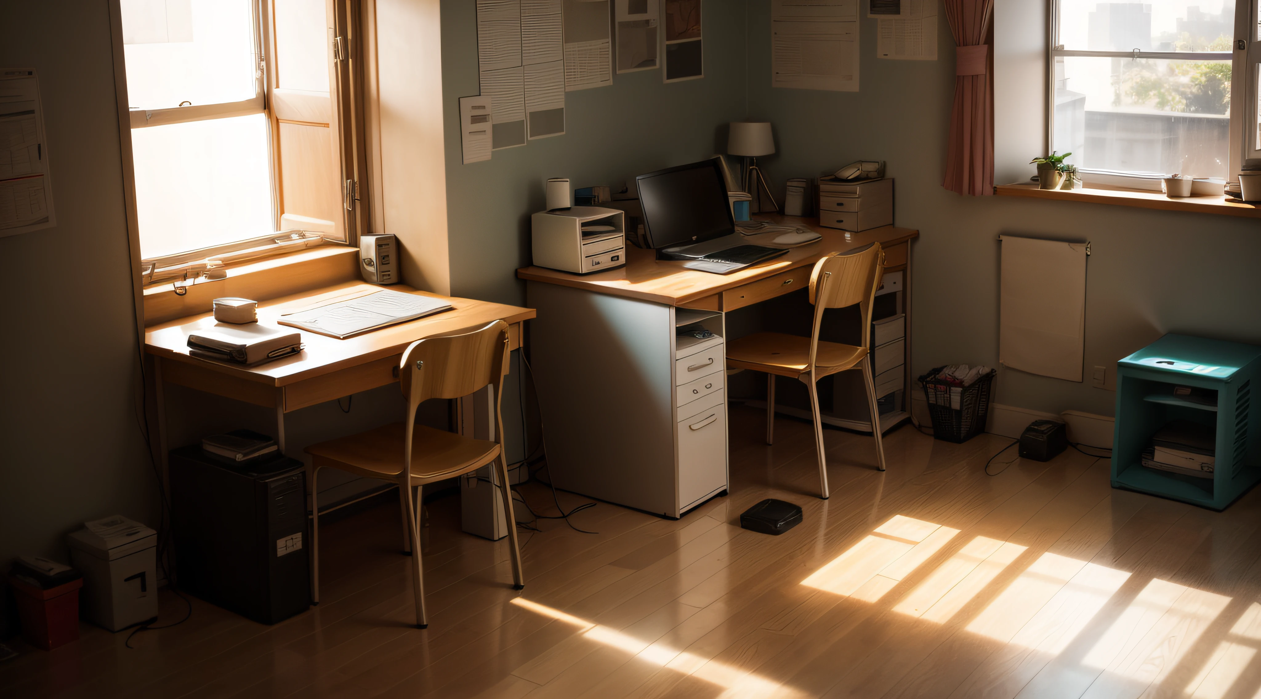 One room,There is sunlight coming in,There is a computer desk,be scatterbrained,There were young girls sitting on the ground,facing away