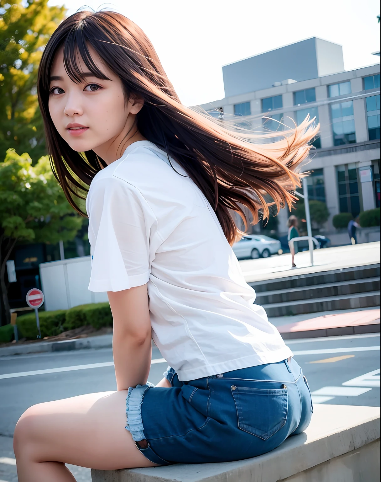 top-quality、Photorealsitic、8k、hight resolution、 1 a person、femele、(dent in the skin)、(profetional lighting、bokeh dof)、(street)、(a person々、crowd:0.6)、Rear view、Sitting、A dark-haired、white t-shirts、(portlate:0.6)、a gorgeous、Bloom、(Floating hair)、(Particles of light、lensflare、Luminous particles:0.6)、softlighting、aquariums、