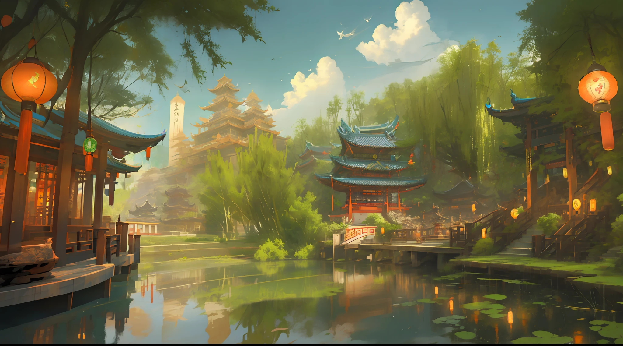 architecture, east asian architecture, scenery, lantern, pagoda, outdoors, sky, paper lantern, cloud, bird, building, tree, standing, mountain, bridge, holding, multiple girls, 6+boys, night, masterpiece, best quality, neon green lantern, purple lantern, daft punk lightning, water fall